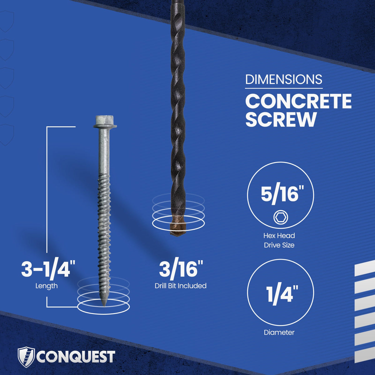 Concrete screw dimensions: length, drive, diameter.