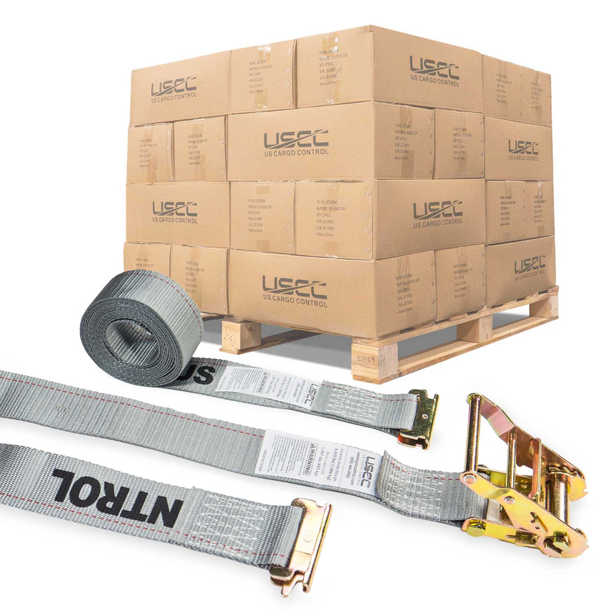 2" x 16' Gray E-Track Ratchet Strap | Standard 4' Fixed End | 800-Pack (Pallet)