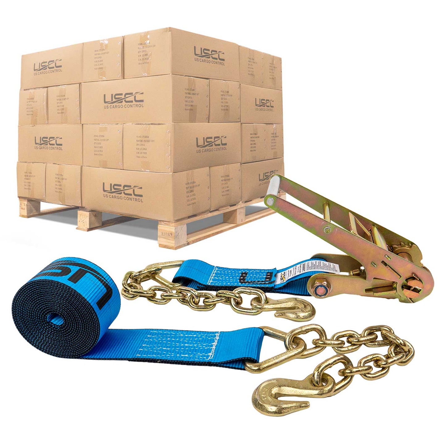 3" x 40' Ratchet Strap with Chain Extensions | Blue | 108-Pack (Pallet)