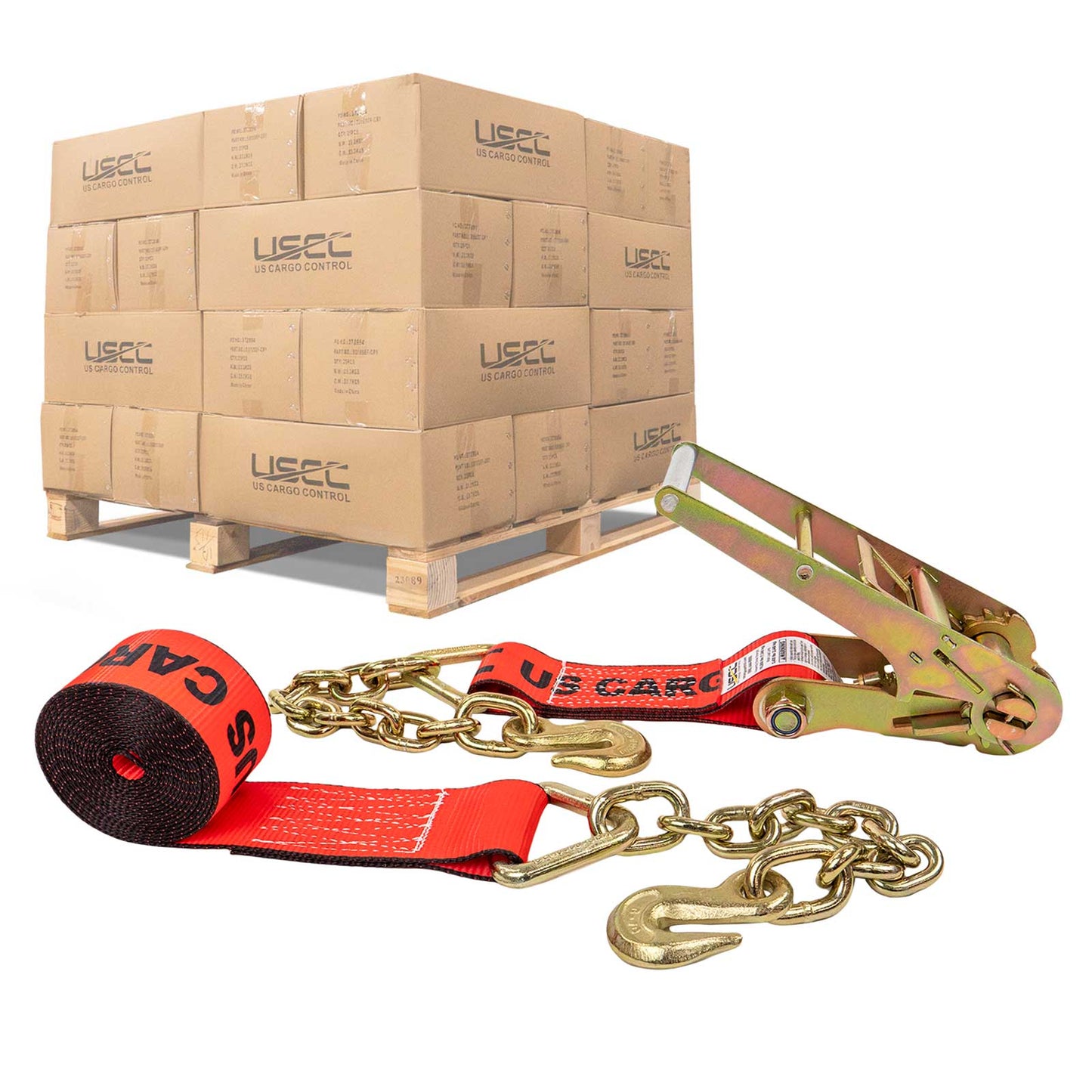 3" x 20' Ratchet Strap with Chain Extensions | Red | 108-Pack (Pallet)