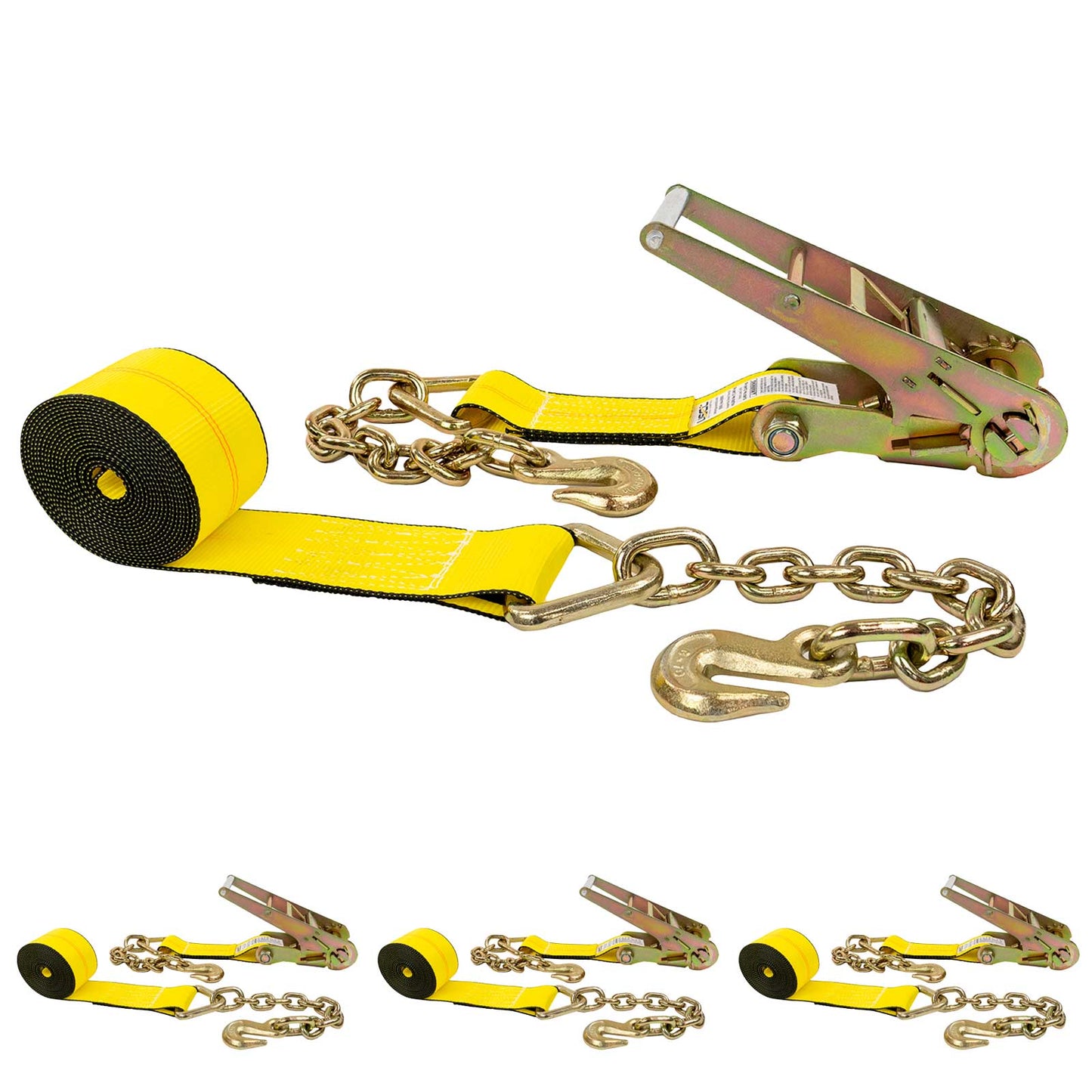 3" x 27' Ratchet Strap with Chain Extensions | Yellow | 4-Pack