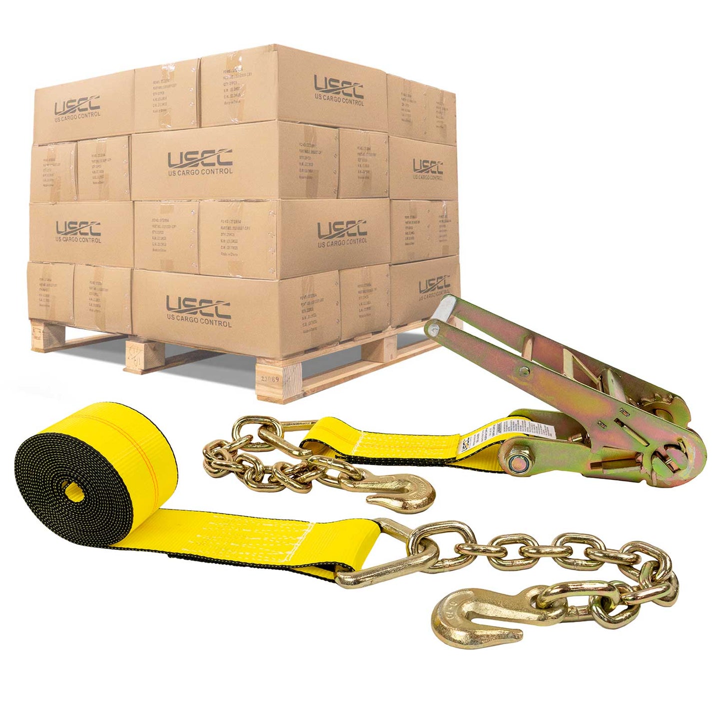 3" x 40' Ratchet Strap with Chain Extensions | Yellow | 108-Pack (Pallet)