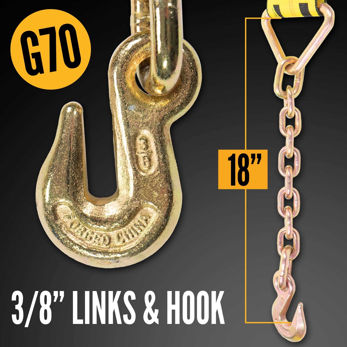 3" x 30' Ratchet Strap with Chain Extensions | Yellow | 108-Pack (Pallet)