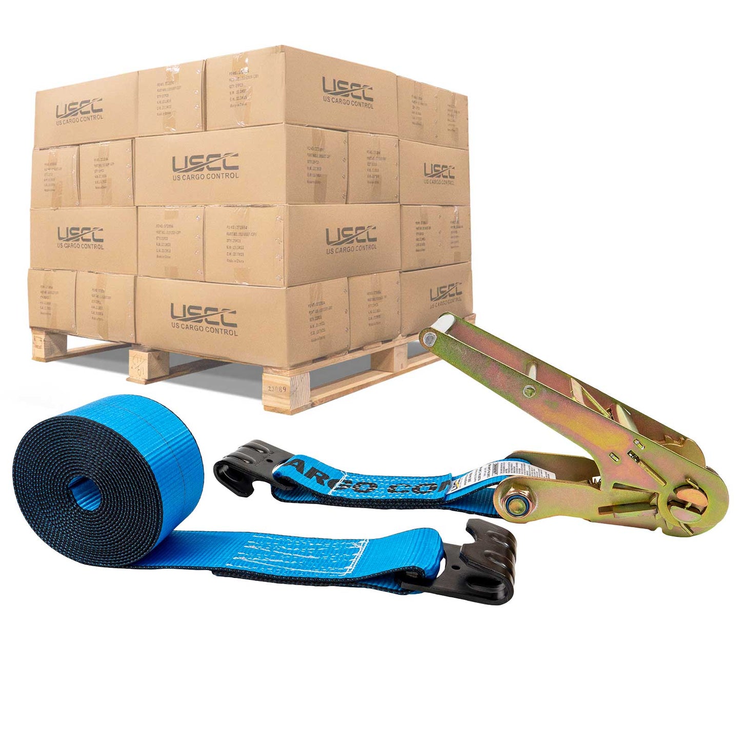 3" x 20' Ratchet Strap with Flat Hooks | Blue | 108-Pack (Pallet)