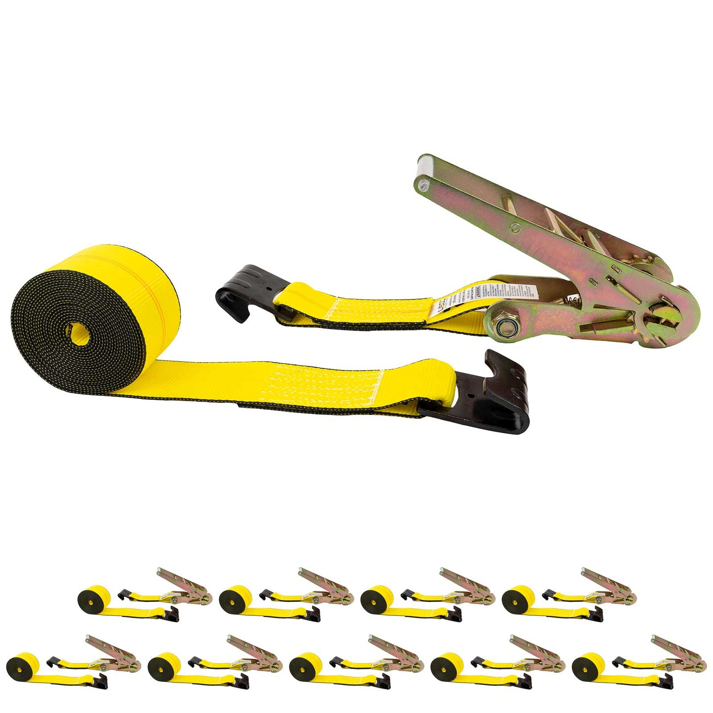 3" x 30' Ratchet Strap with Flat Hooks | Yellow | 10-Pack