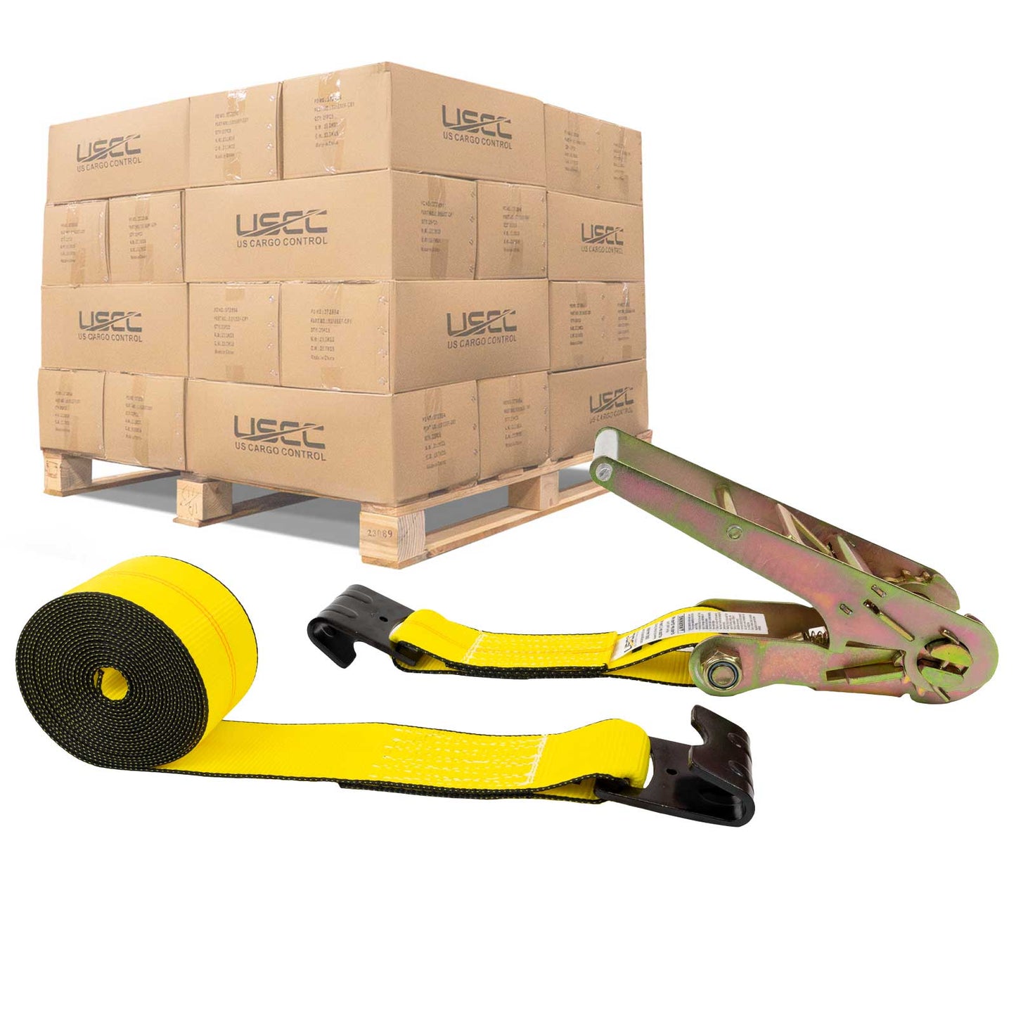 3" x 27' Ratchet Strap with Flat Hooks | Yellow | 108-Pack (Pallet)