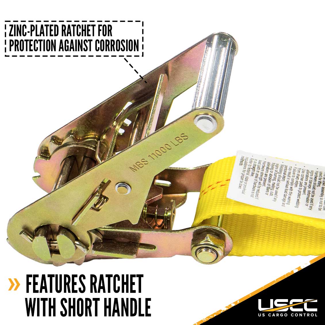 2" x 30' Ratchet Strap with Double Stud Fittings | Yellow
