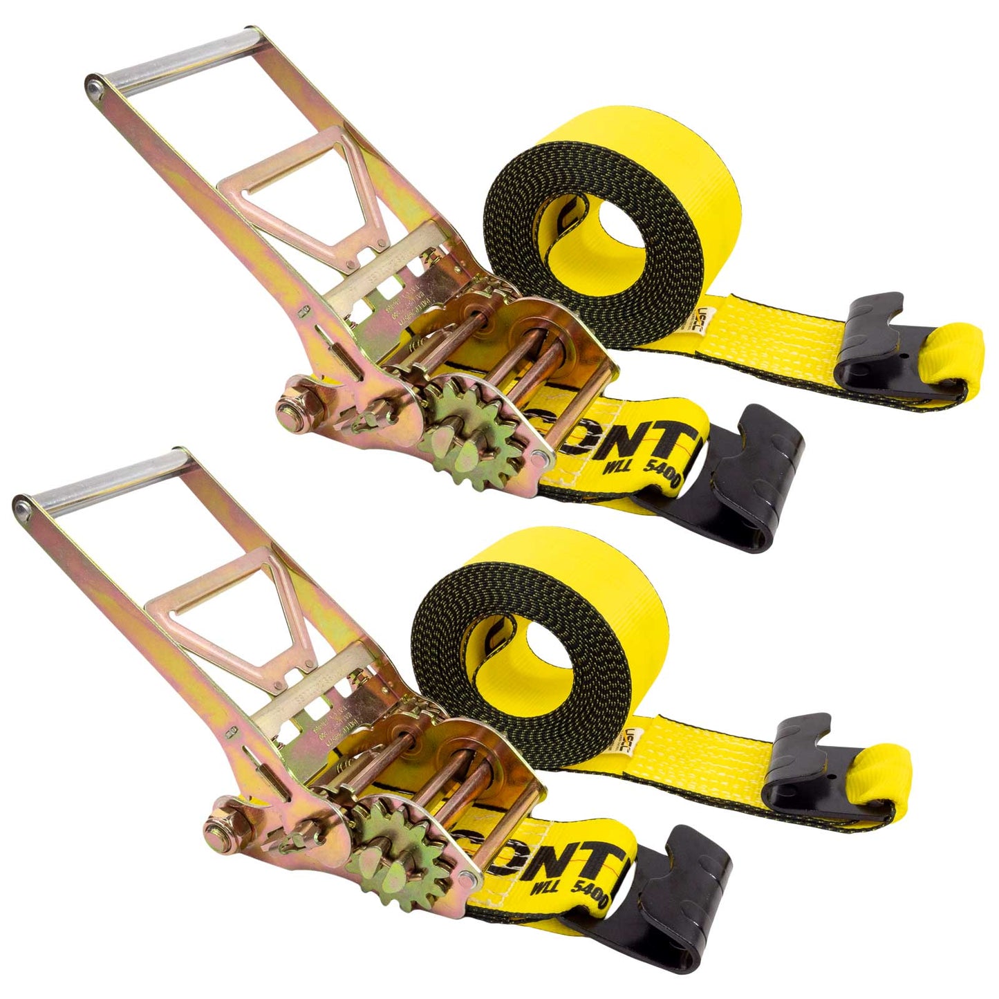 4" x 20' Gear-Driving Reverse-Action Ratchet Strap with Flat Hook | Yellow | 2-Pack