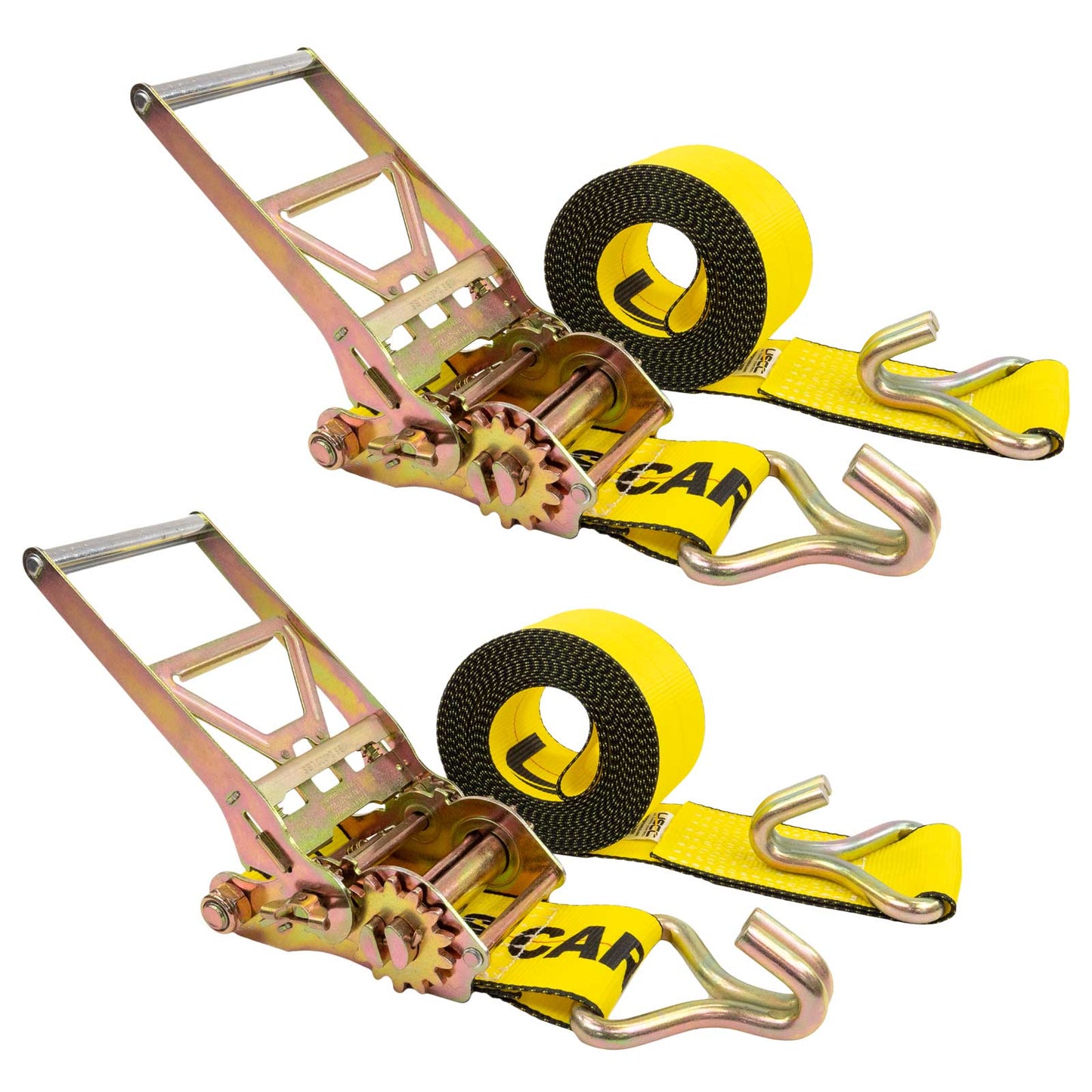4" x 27' Gear-Driving Reverse-Action Ratchet Strap with Wire Hooks | Yellow | 2-Pack