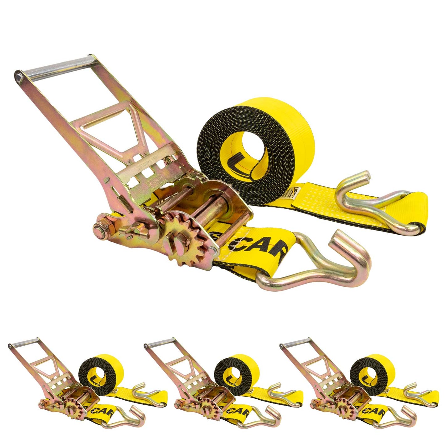 4" x 30' Gear-Driving Reverse-Action Ratchet Strap with Wire Hook | Yellow | 4-Pack