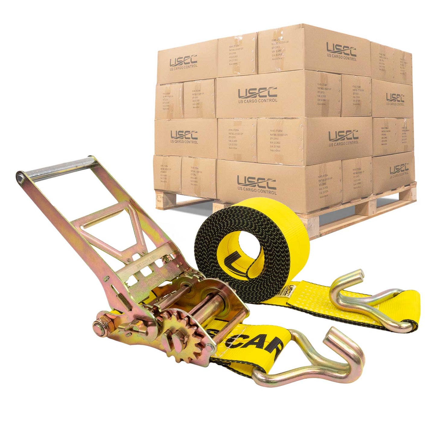 4" x 27' Gear-Driving Reverse-Action Ratchet Strap with Wire Hooks | Yellow | 90-Pack (Pallet)