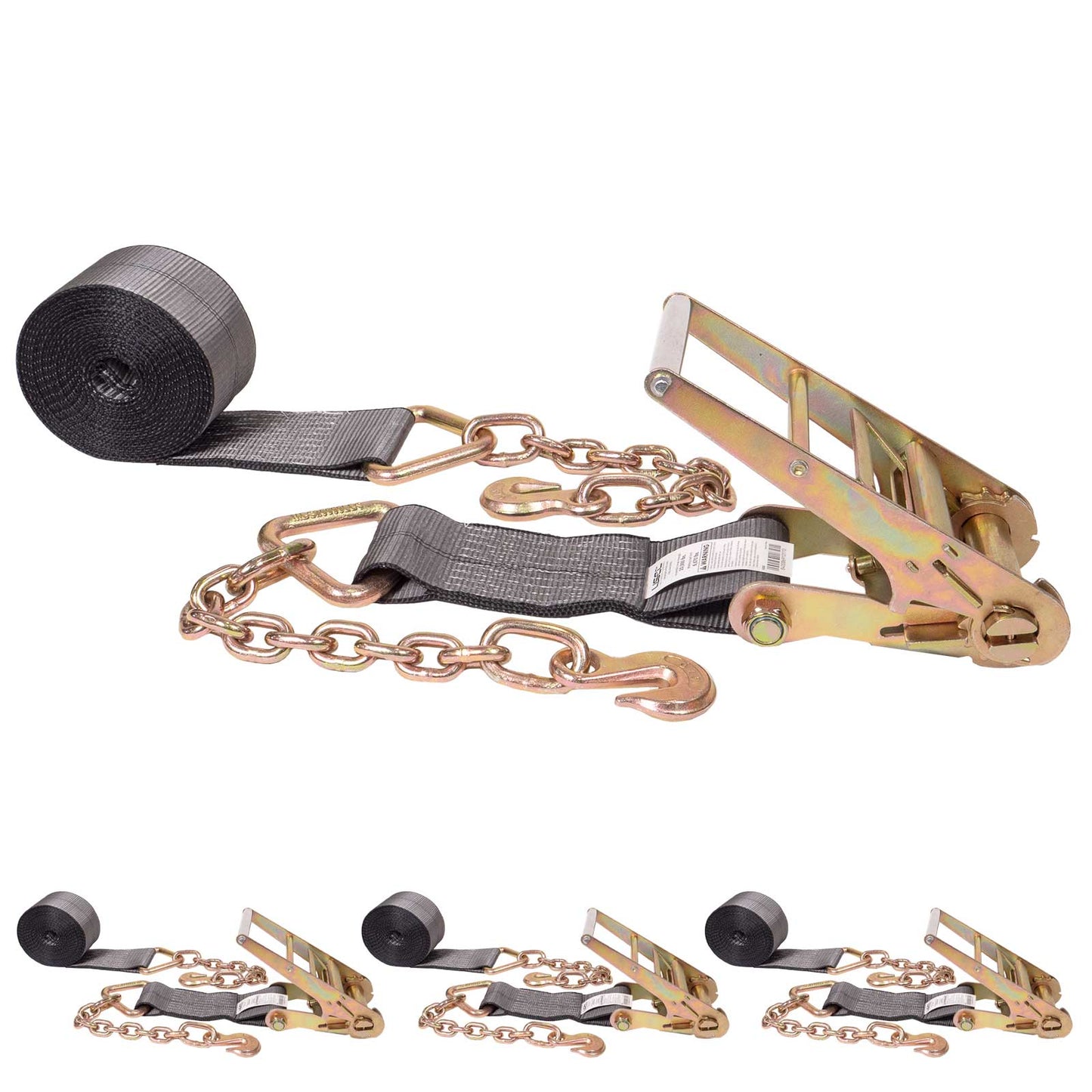 BlackLine 4" x 30' Ratchet Strap with 18" Chain Extensions | 4-Pack