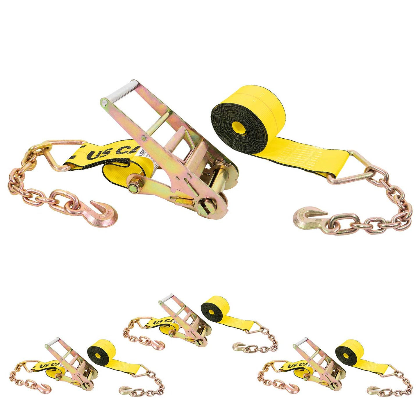 4" x 30' Ratchet Strap with 18" Chain Extensions | Yellow | 4-Pack