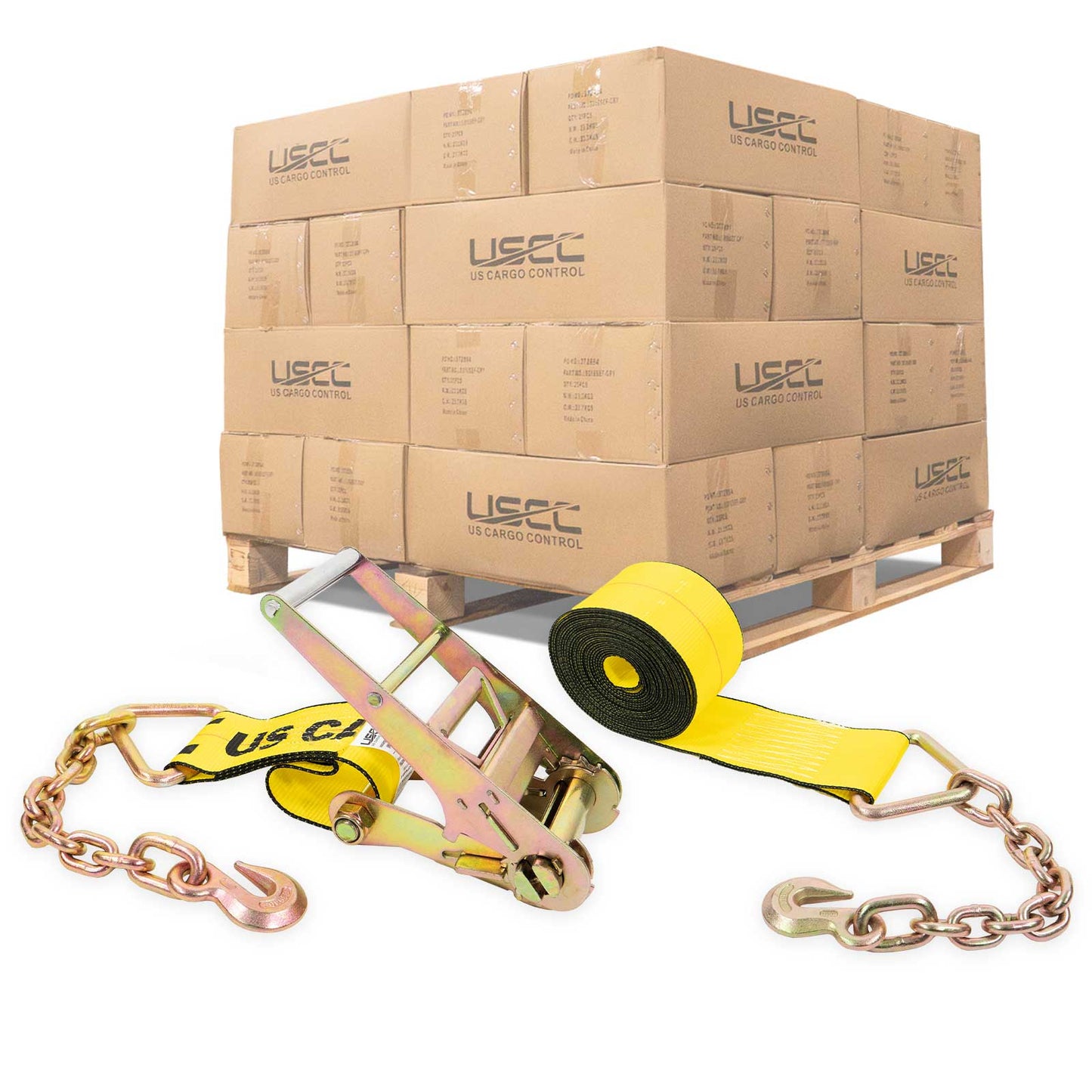 4" x 40' Ratchet Strap with 18" Chain Extensions | Yellow | 90-Pack (Pallet)