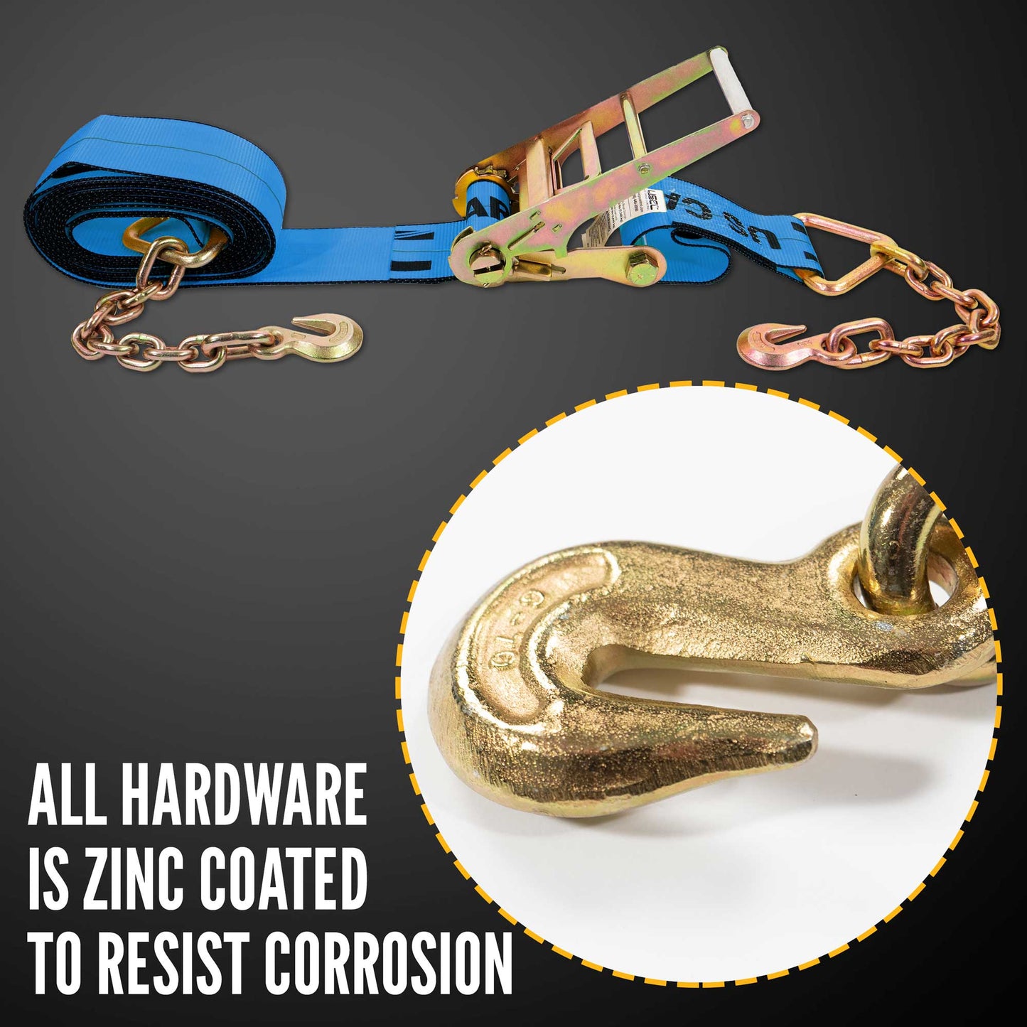 4" x 60' Ratchet Strap with 18" Chain Extensions | Blue