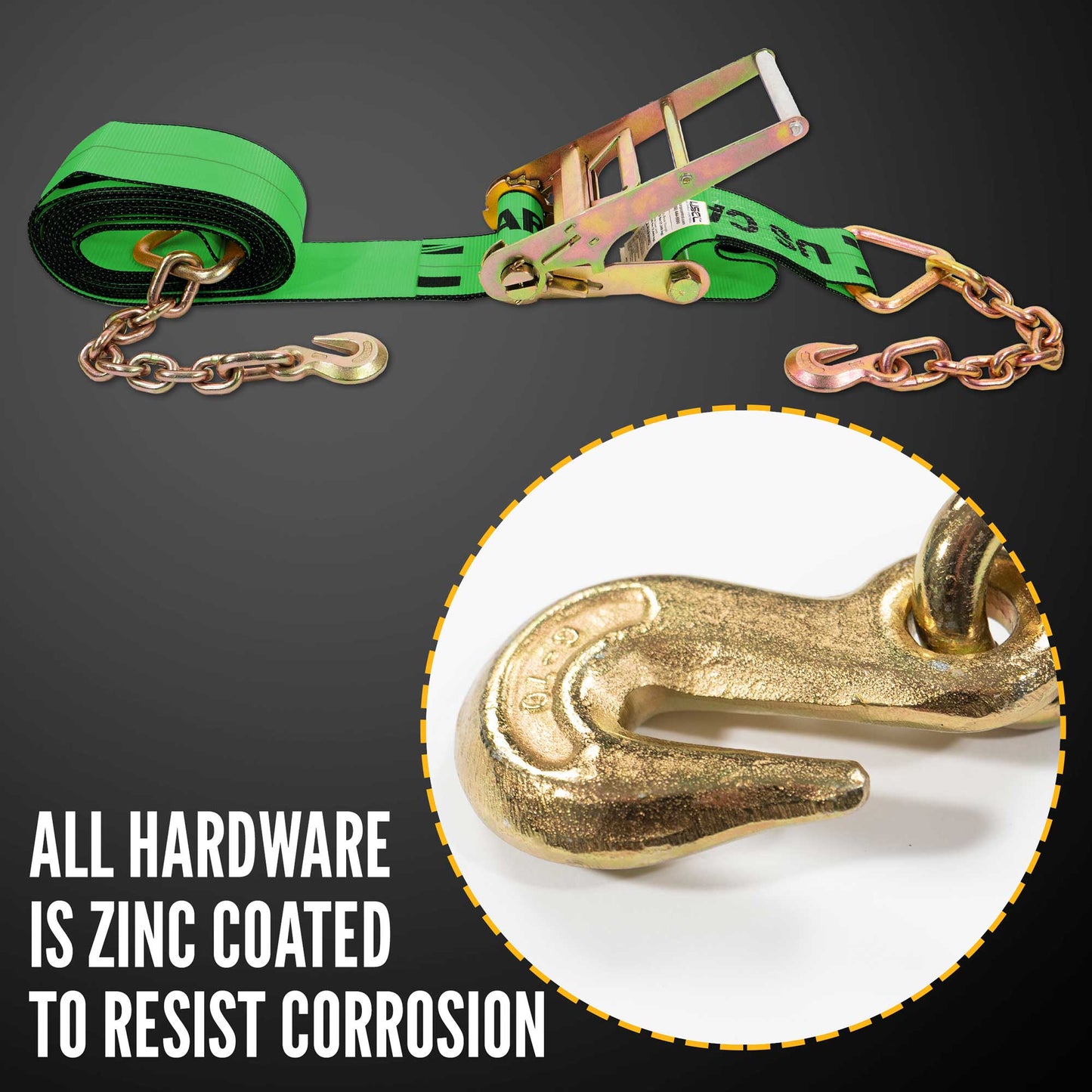 4" x 50' Ratchet Strap with 18" Chain Extensions | Green