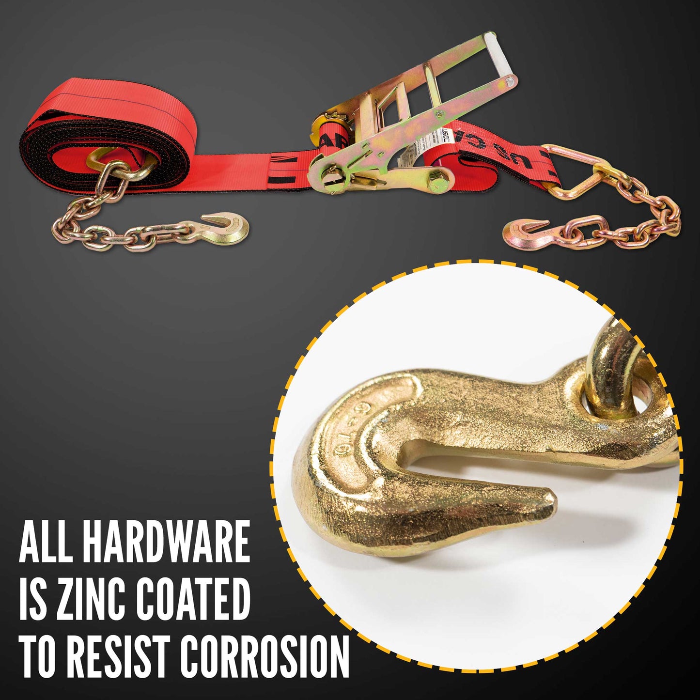 4" x 40' Ratchet Strap with 18" Chain Extensions | Red