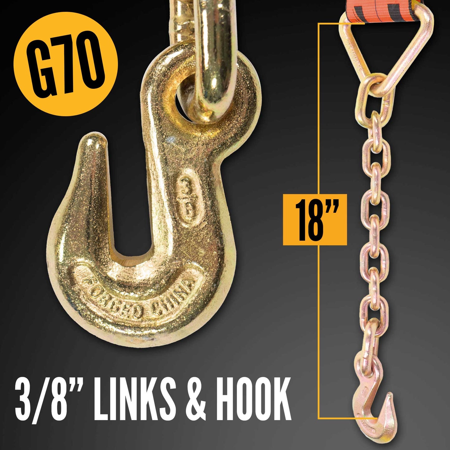 4" x 20' Ratchet Strap with 18" Chain Extensions | Red