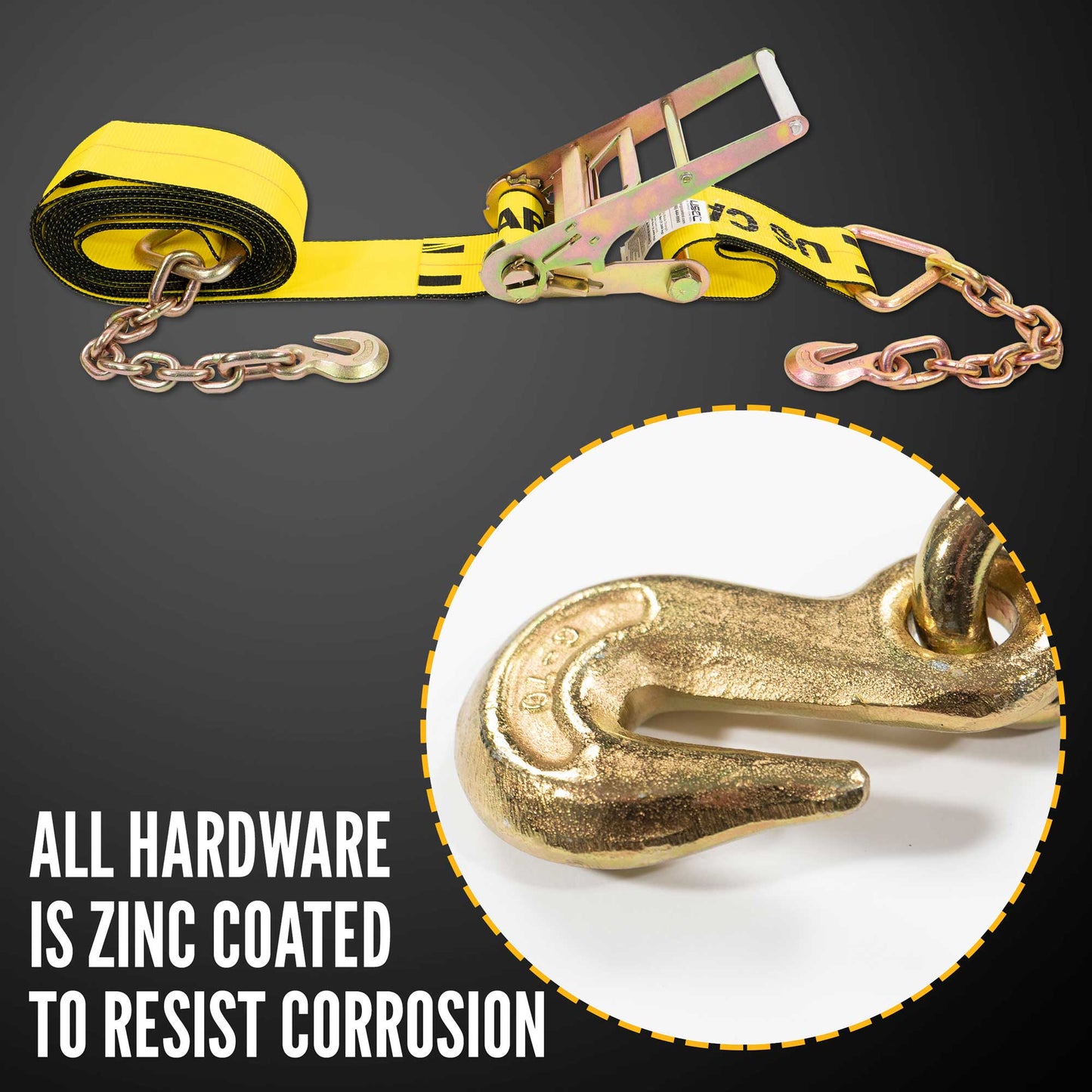 4" x 40' Ratchet Strap with 18" Chain Extensions | Yellow | 4-Pack