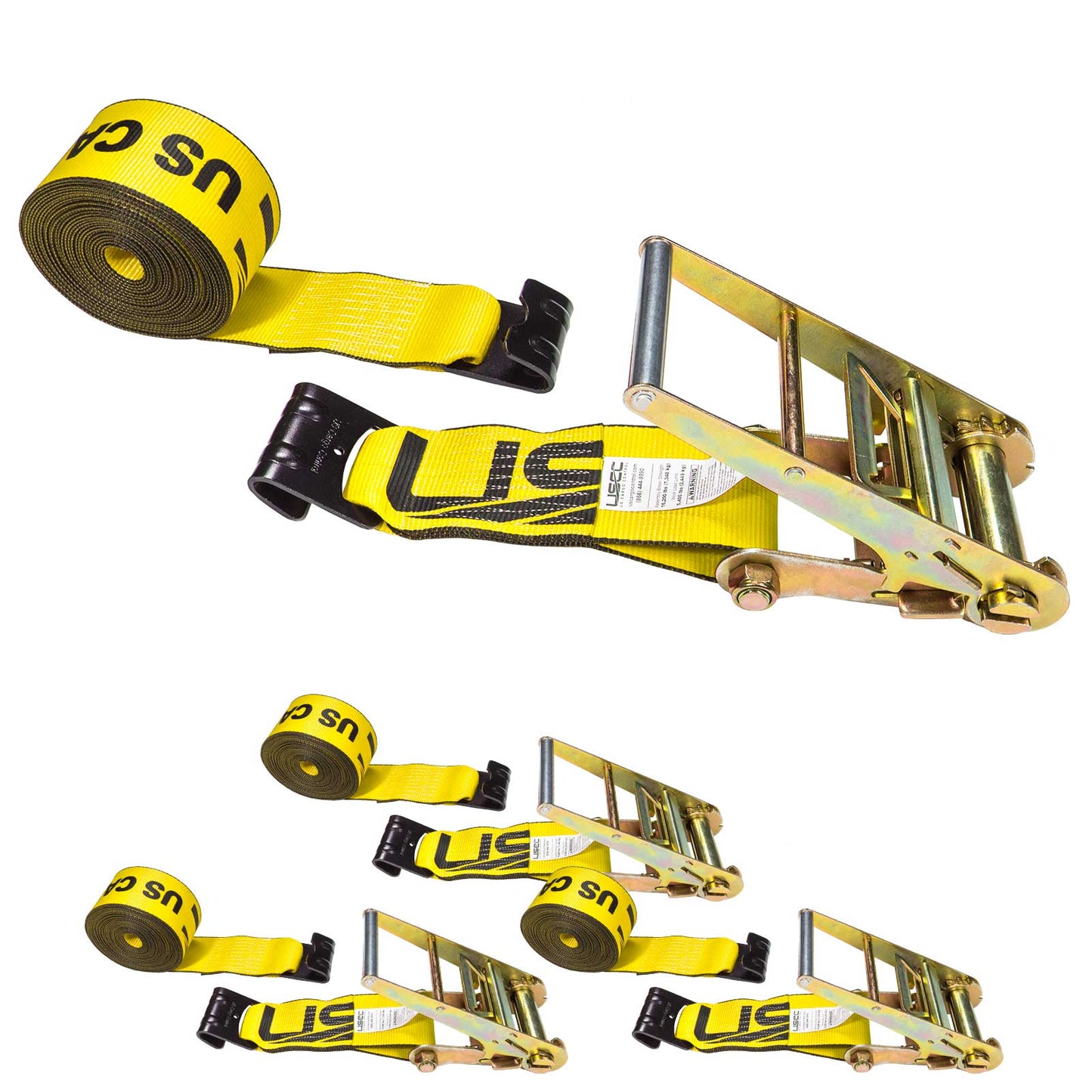 4" x 50' Ratchet Strap with Flat Hooks | Yellow | 4-Pack