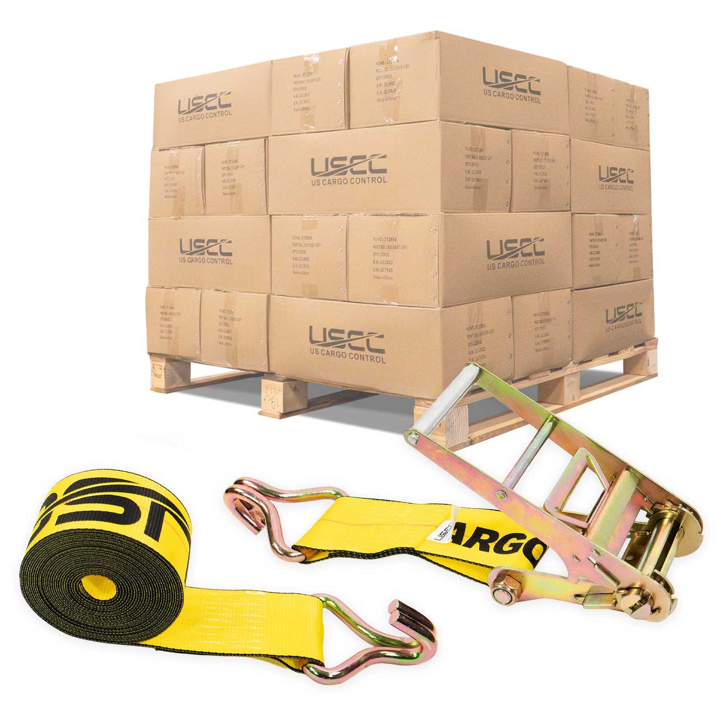 4" x 30' Ratchet Strap with Wire Hooks | Yellow | 90-Pack (Pallet)