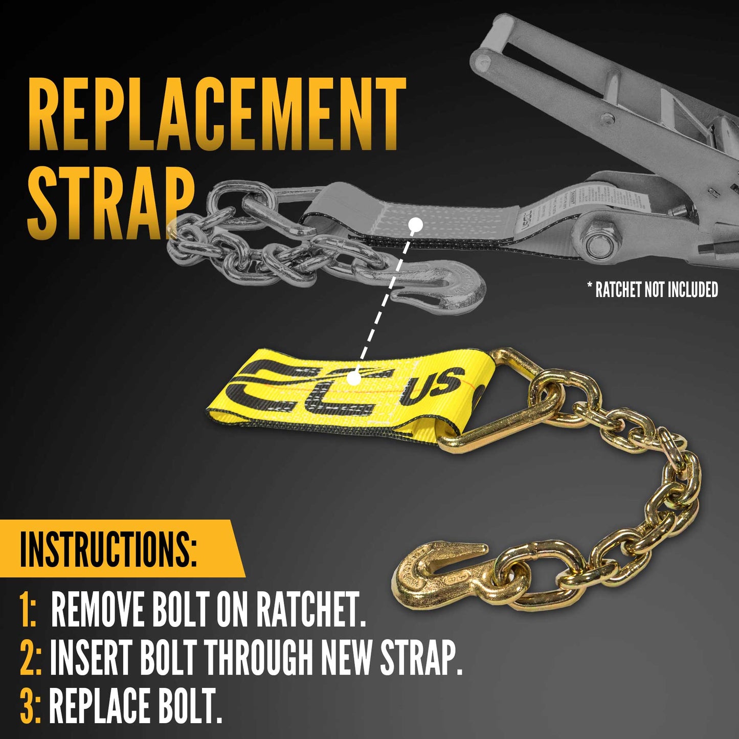 4" x 11" Replacement Ratchet Strap Fixed End - Chain Extension / Bolt Loop | No Ratchet