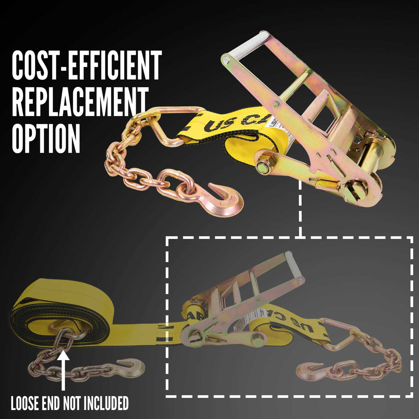 4" x 11" Ratchet Strap Fixed End - Ratchet / Chain Extension | Yellow | 100-Pack (Pallet)