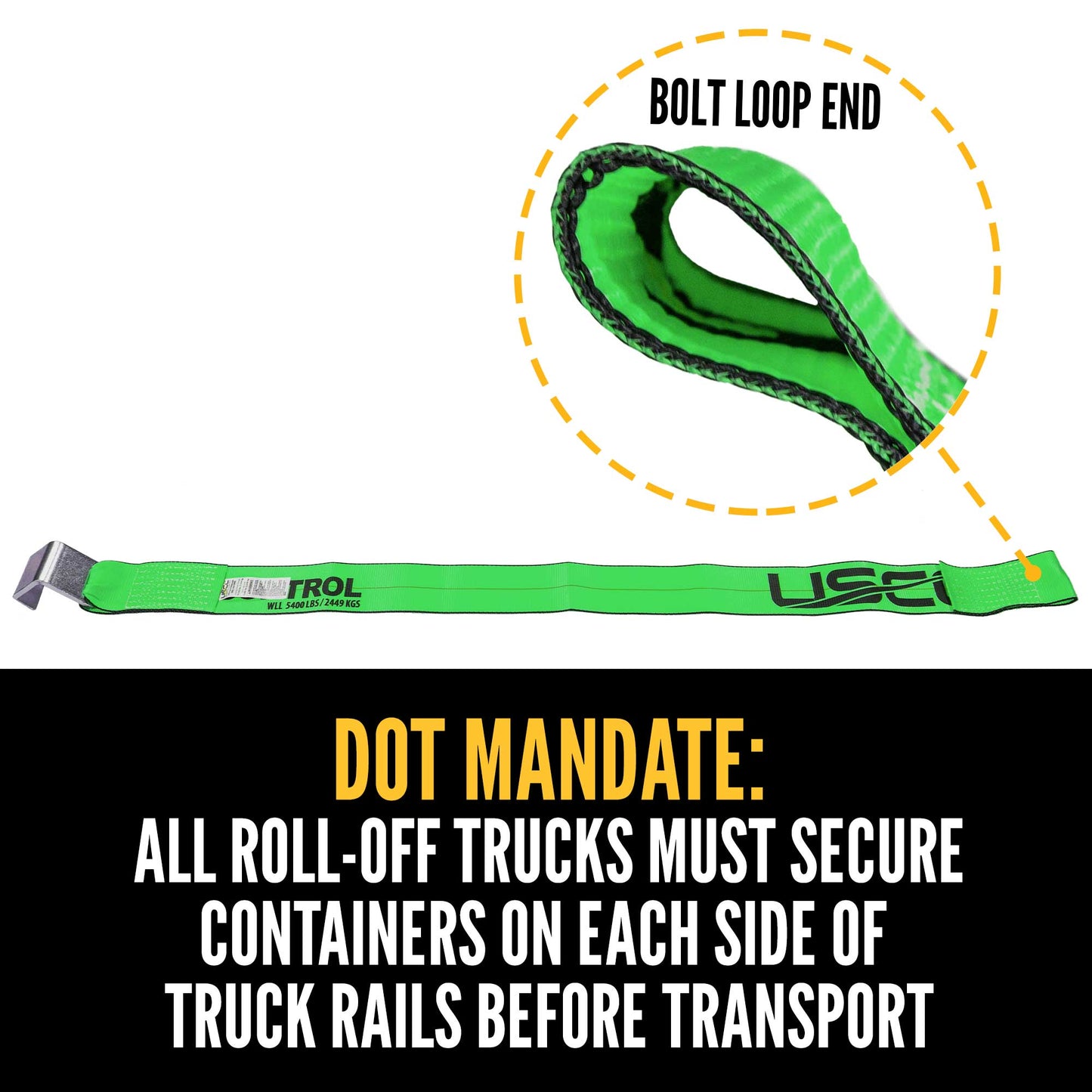 4" x 5' Roll Off Container Strap with Sewn End Loop | Green
