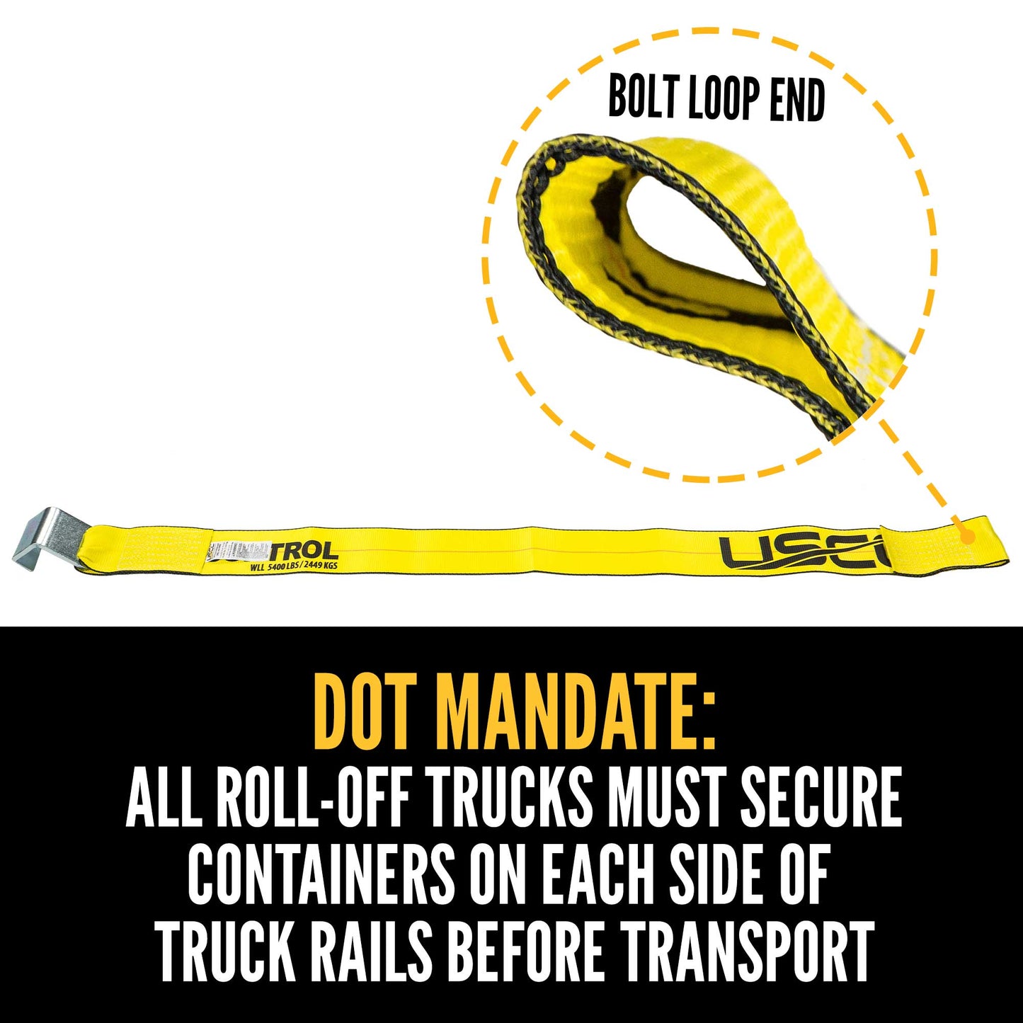 4" x 5' Roll Off Container Strap with Sewn End Loop | Yellow