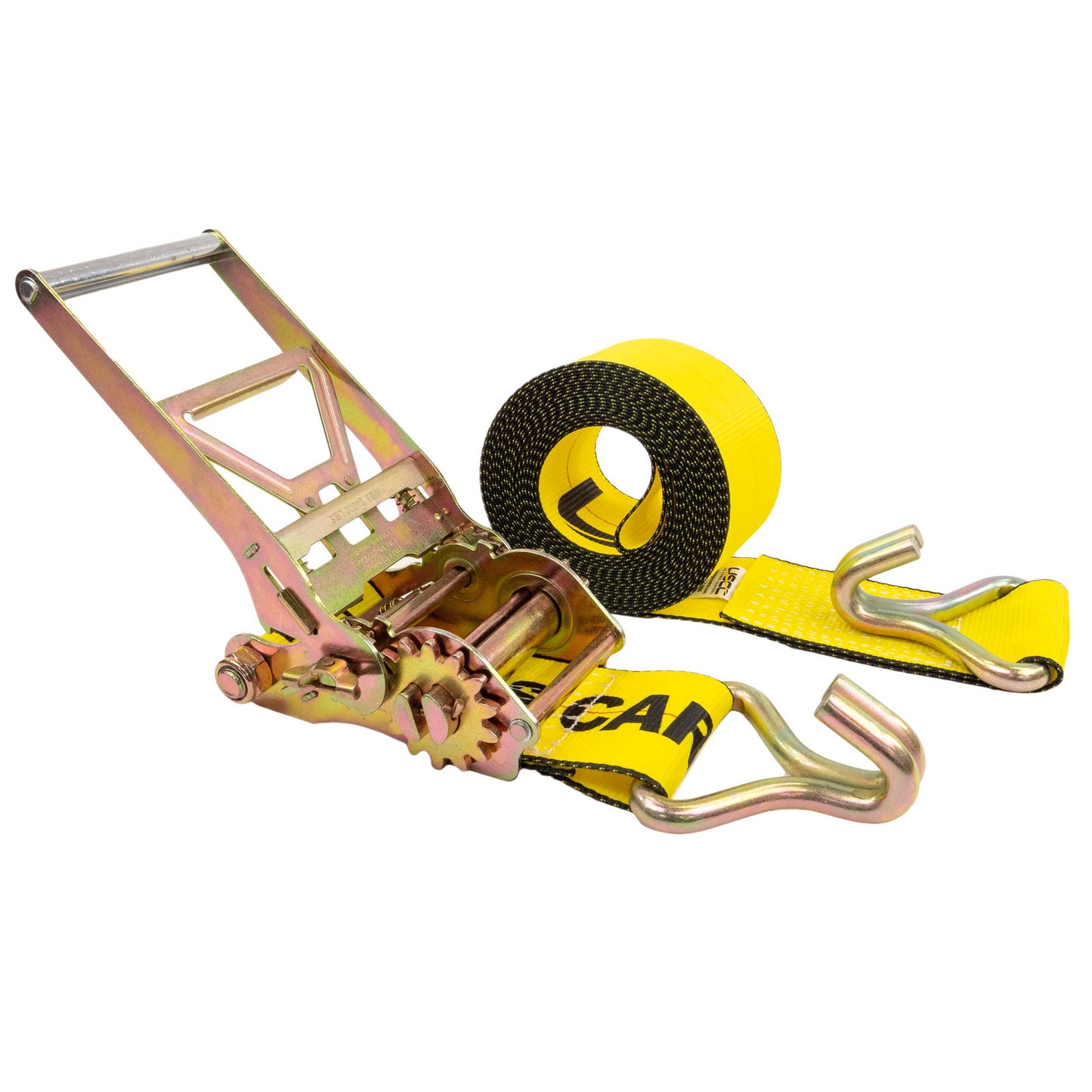 4" x 27' Gear-Driving Reverse-Action Ratchet Strap with Wire Hooks | Yellow