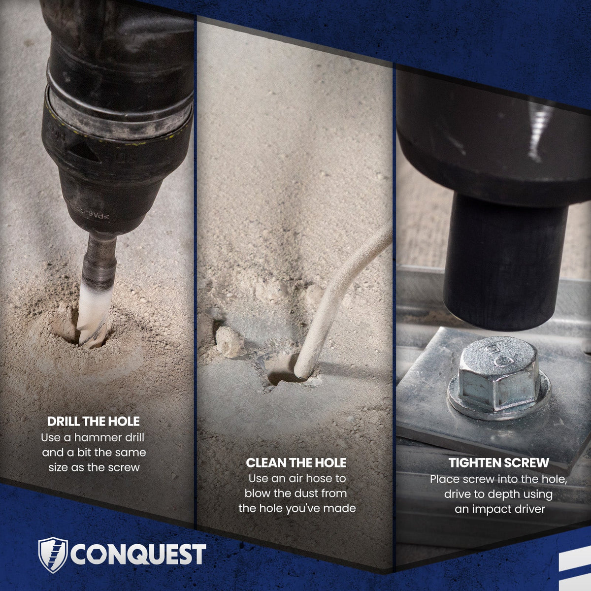 Concrete screw installation. Drill hole, clean hole, tighten screw.