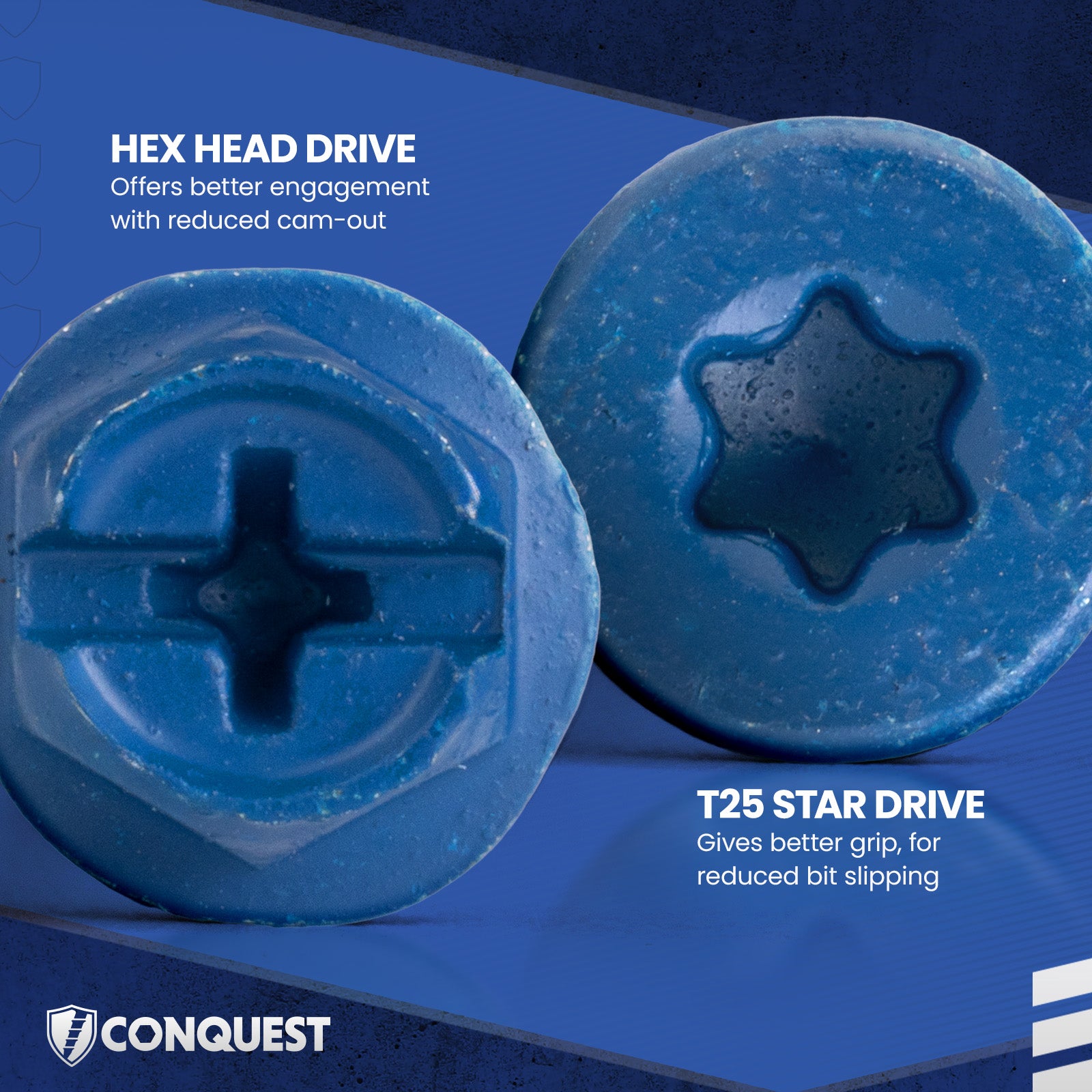 two blue concrete screws - hex head drive & t25 star drive