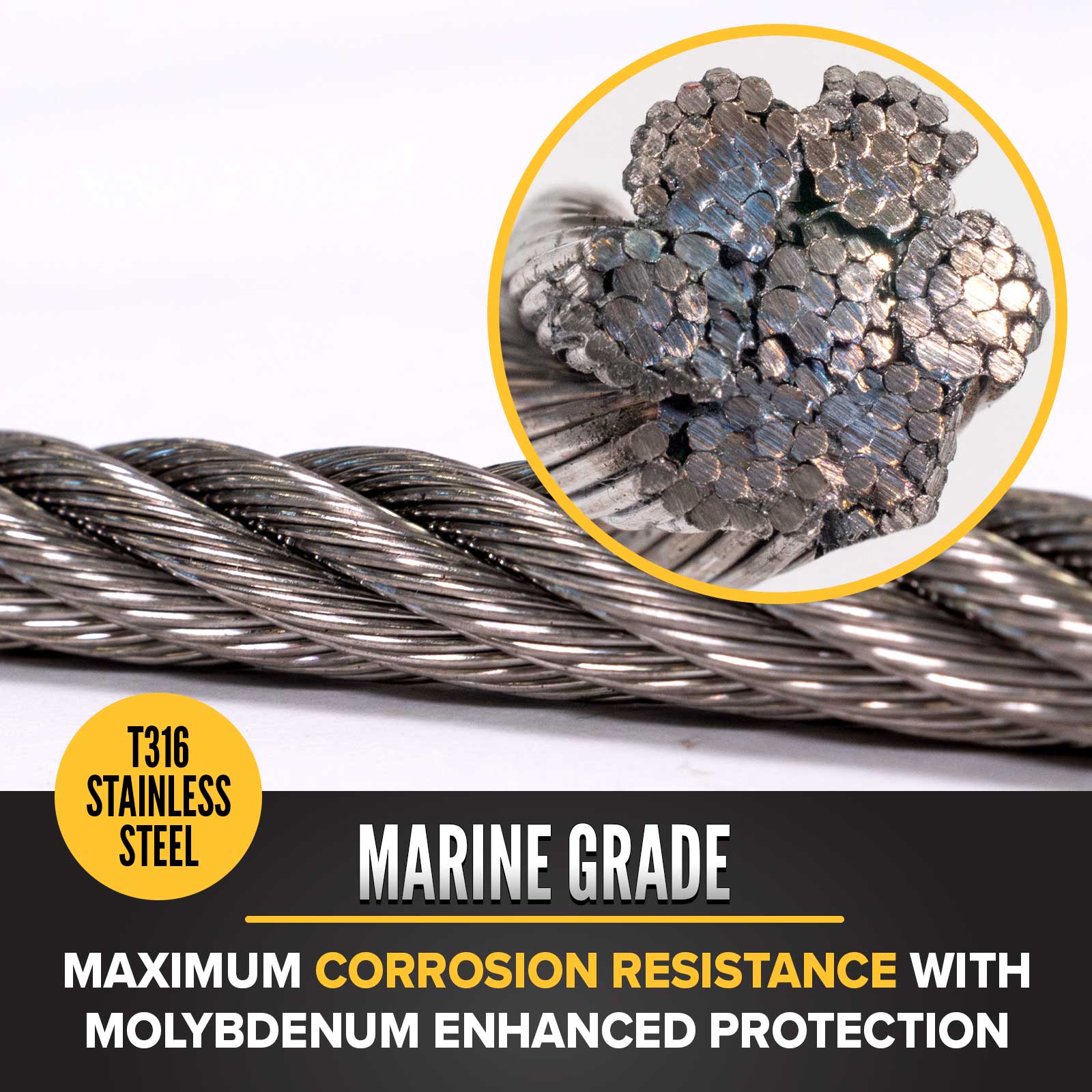 5/16" type 316 stainless steel wire rope has marine grade corrosion resistance