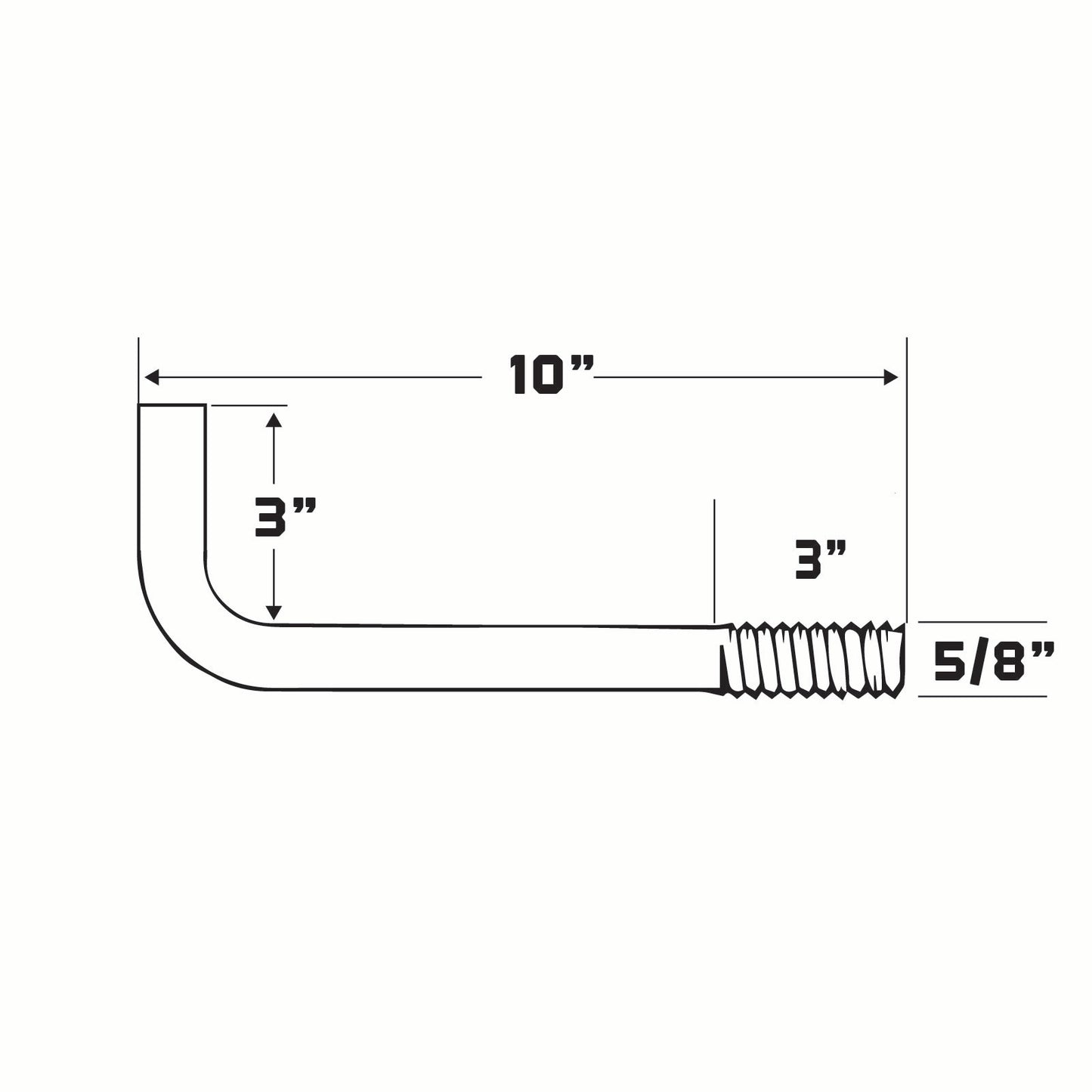 Technical drawing of an l-bolt with dimensions labeled