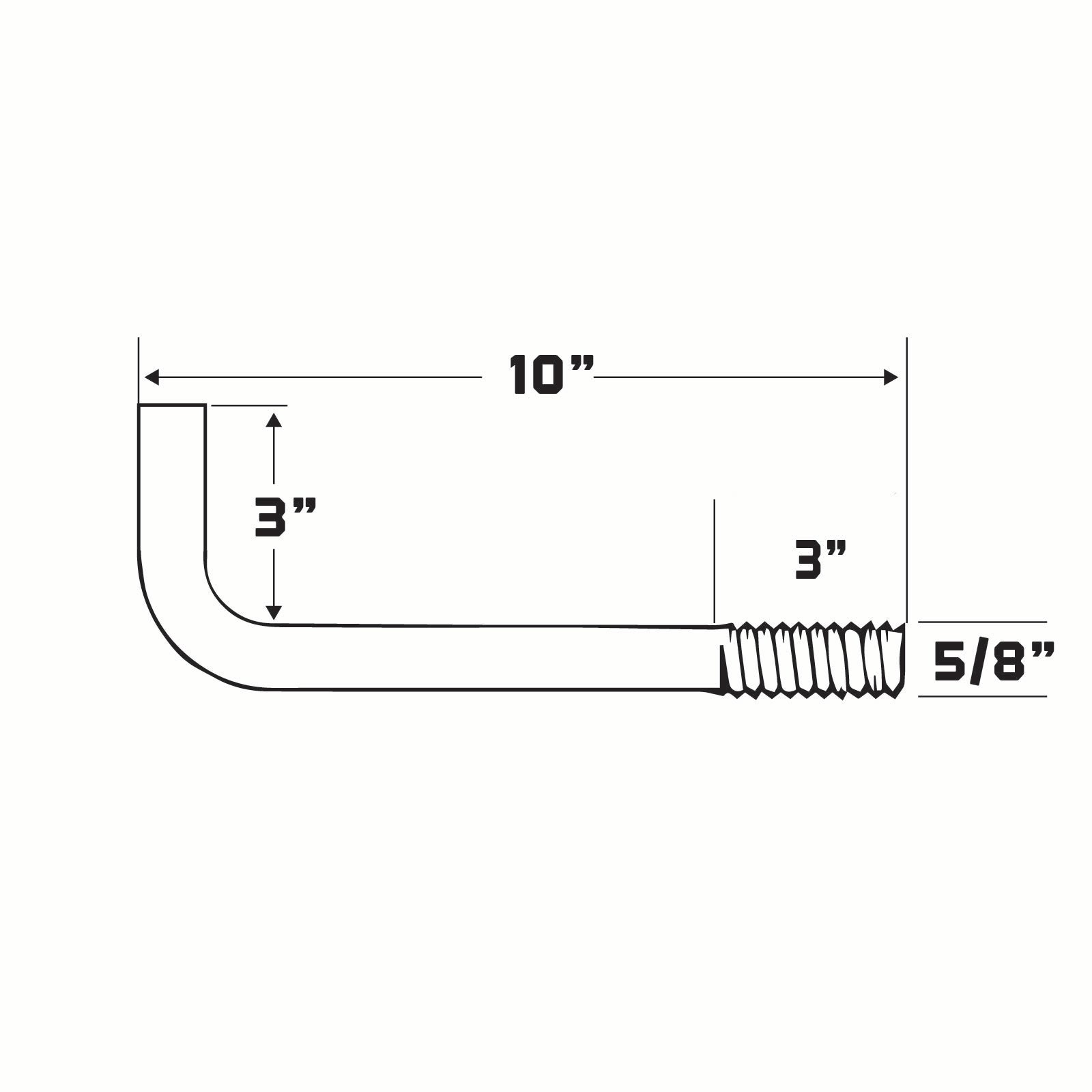Technical drawing of an l-bolt with dimensions labeled
