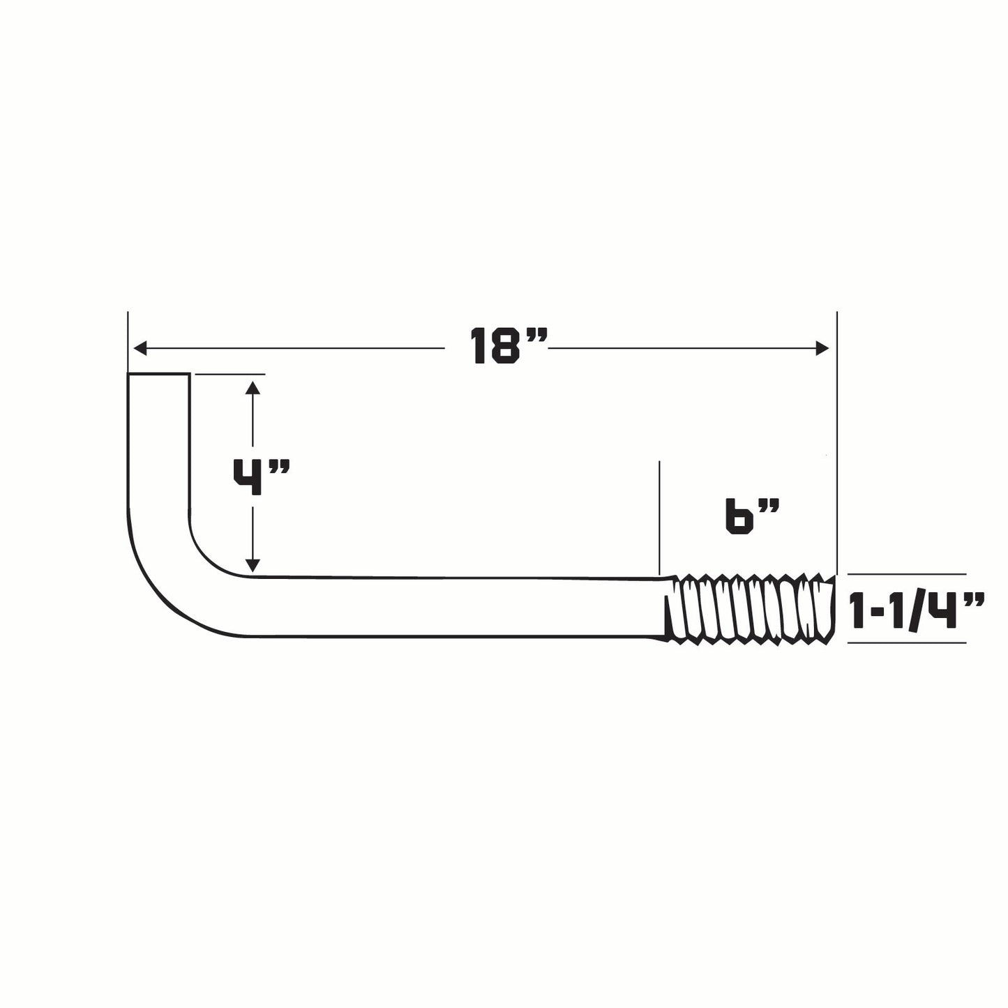 Technical drawing of an l-bolt with dimensions labeled