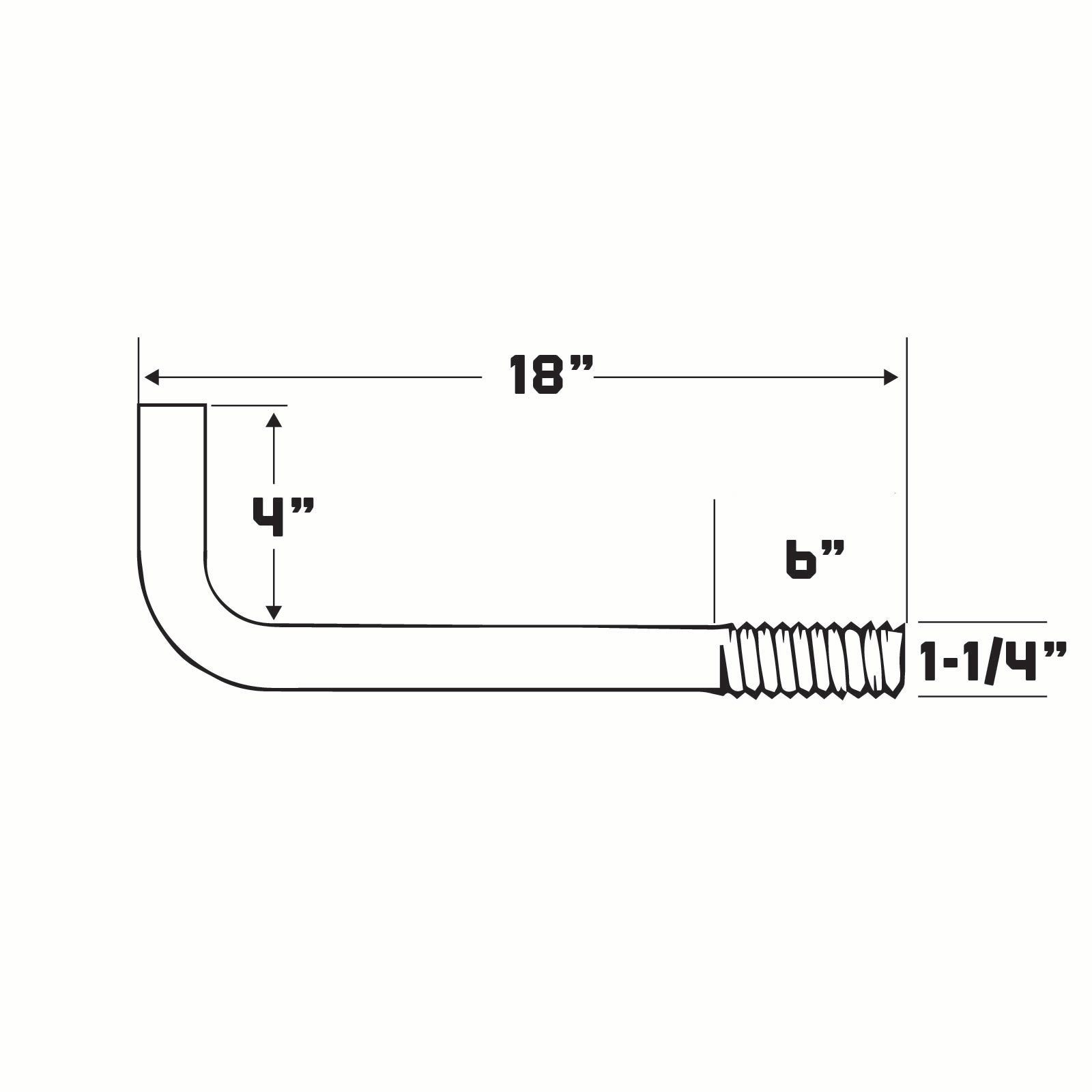 Technical drawing of an l-bolt with dimensions labeled