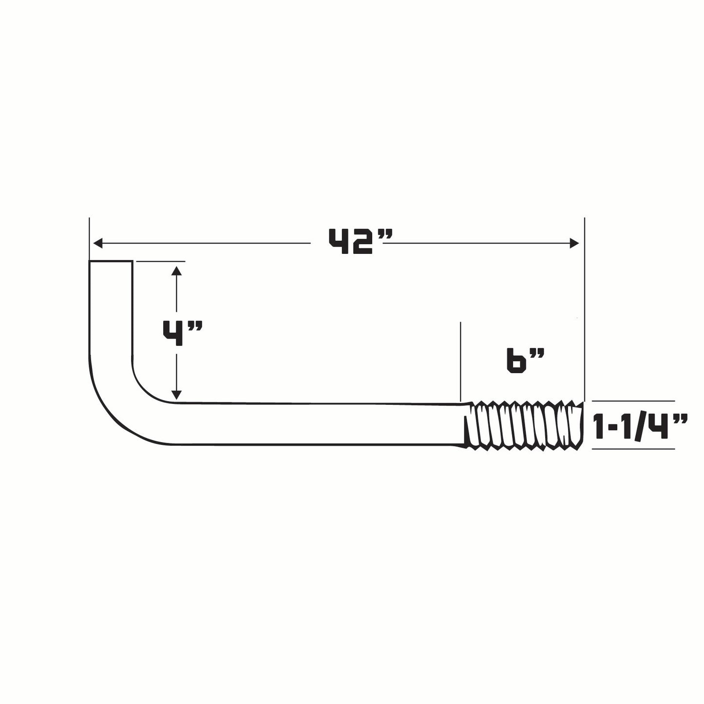 Technical drawing of an l-bolt with dimensions labeled