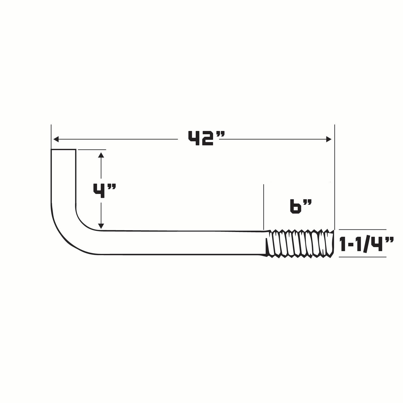 Technical drawing of an l-bolt with dimensions labeled