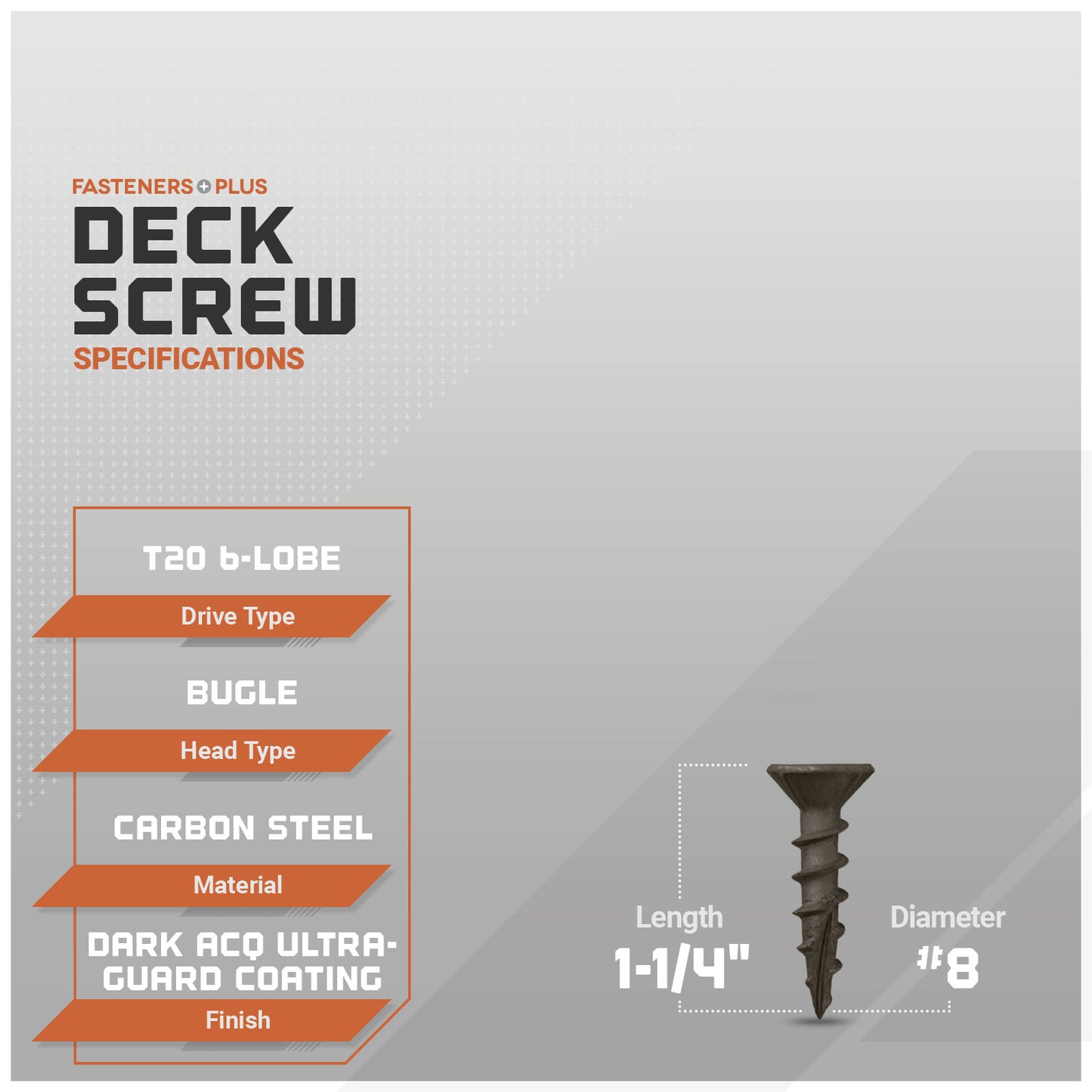 #8 x 1-1/4" Daggerz T20 Flat Head Deck Screw - ACQ Ultra-Guard Coating, Dark, Pkg. 7,500