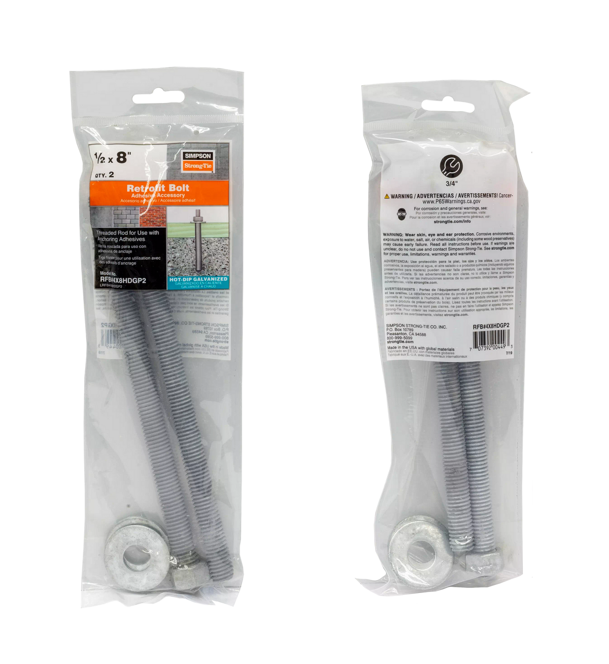 Simpson Strong-Tie 1/2" x 8" RFB Retrofit Foundation Anchor Bolt - Hot Dip Galvanized | Qty. 2