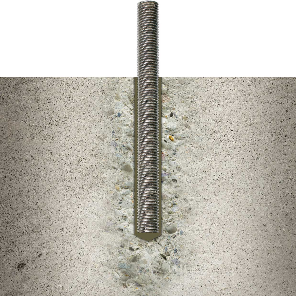 A threaded metal anchor or bolt shown vertically inserted into a textured concrete surface, with epoxy adhesive.