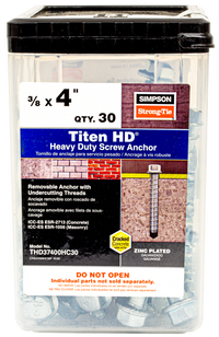 3/8" x 4" Strong-Tie THD37400HC30 Titen HD Screw Anchor, Zinc, Pkg 30
