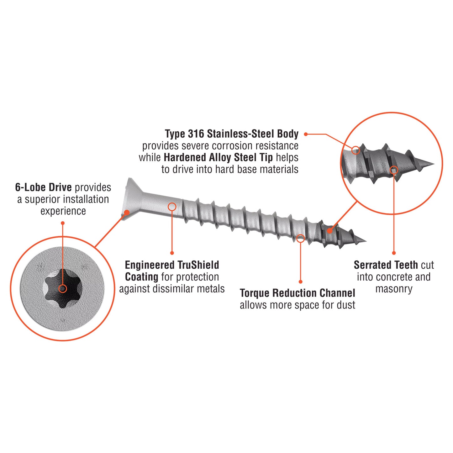 Detailed illustration of a screw with labeled features on a white background