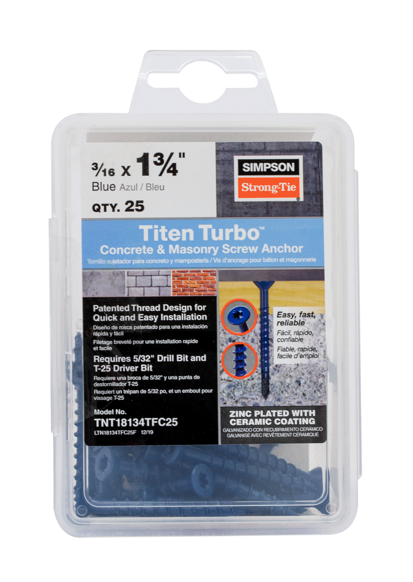 3/16" x 1-3/4" Strong-Tie Flat Head Titen Turbo Screw Anchor, Blue Zinc, Pkg 25