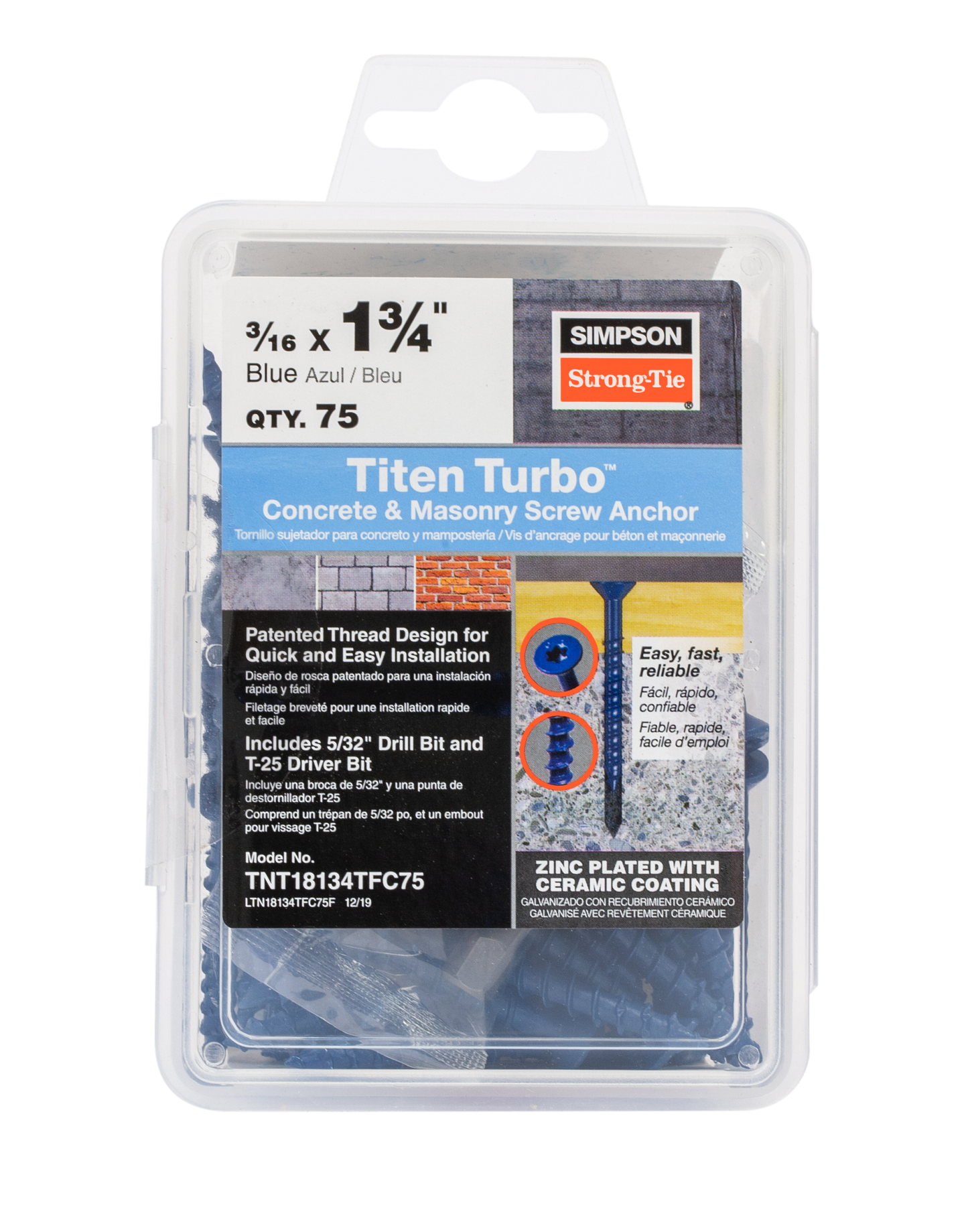 3/16" x 1-3/4" Strong-Tie Flat Head Titen Turbo Screw Anchor, Blue Zinc, Pkg 75