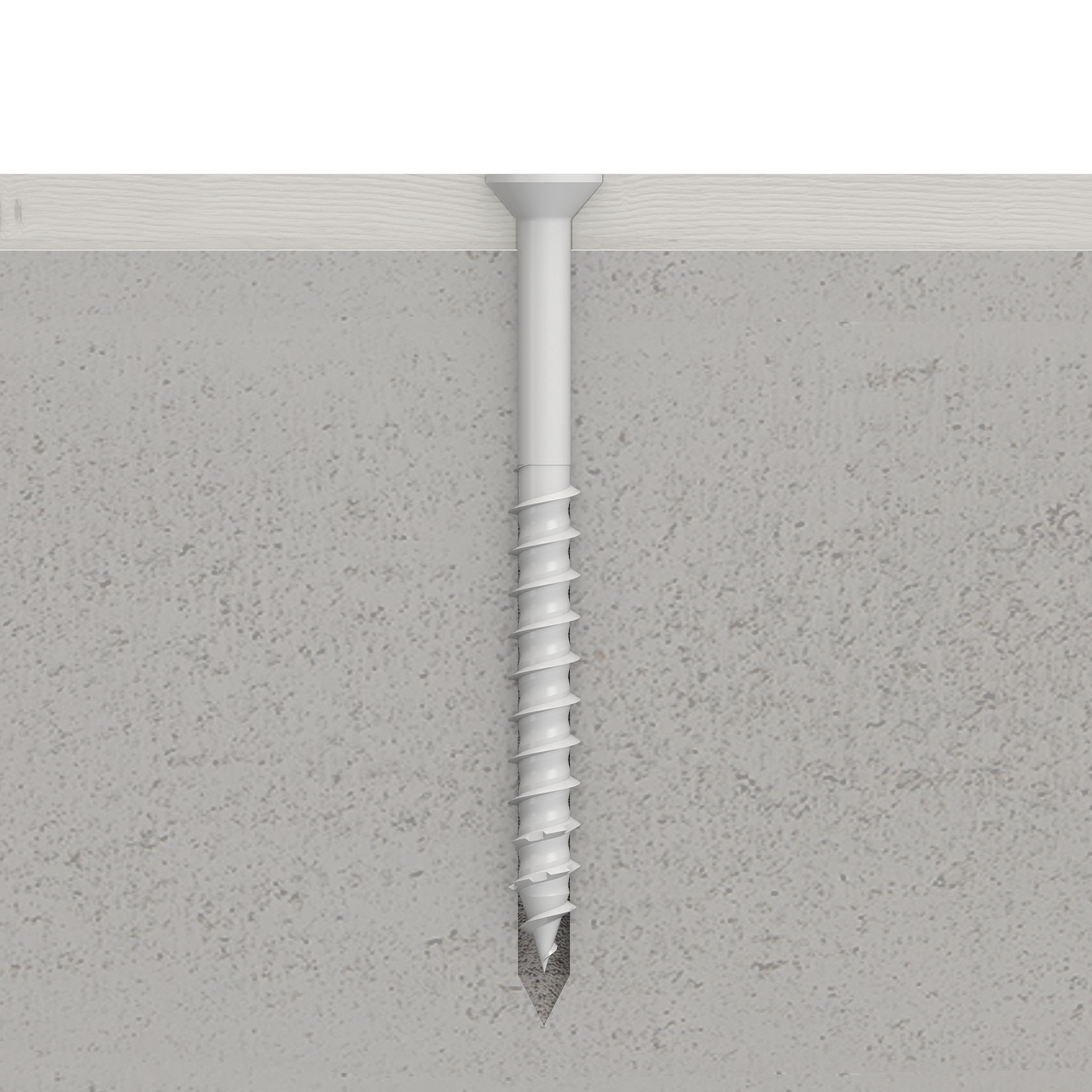Screw being driven into concrete with a close-up view of the screw and concrete surface.