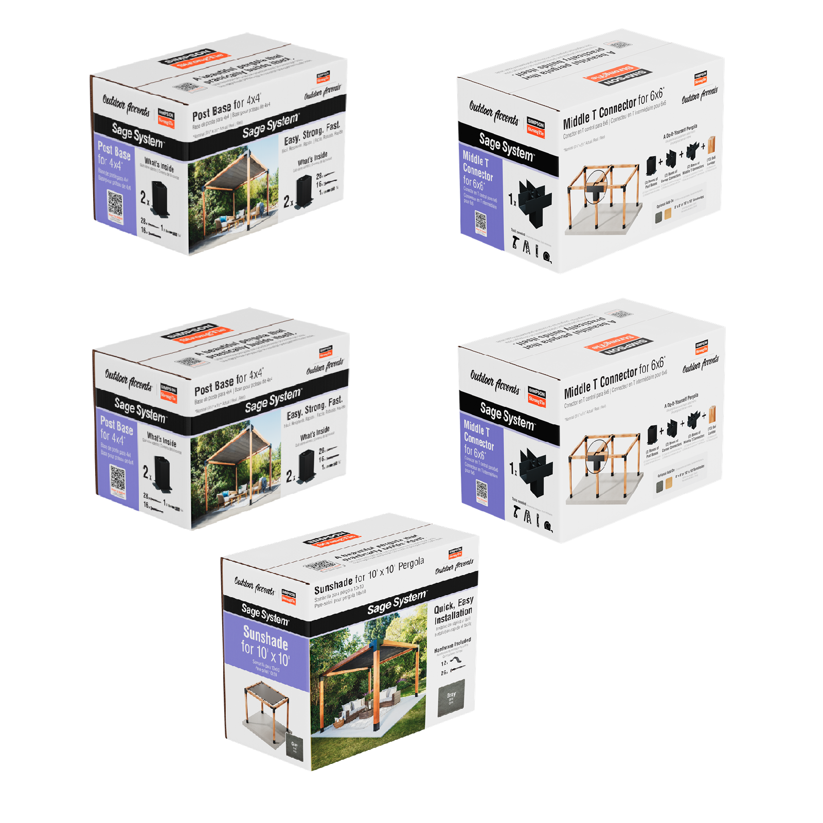 Five boxes of a Simpson DIY Sage Pergola Kit System on a white background