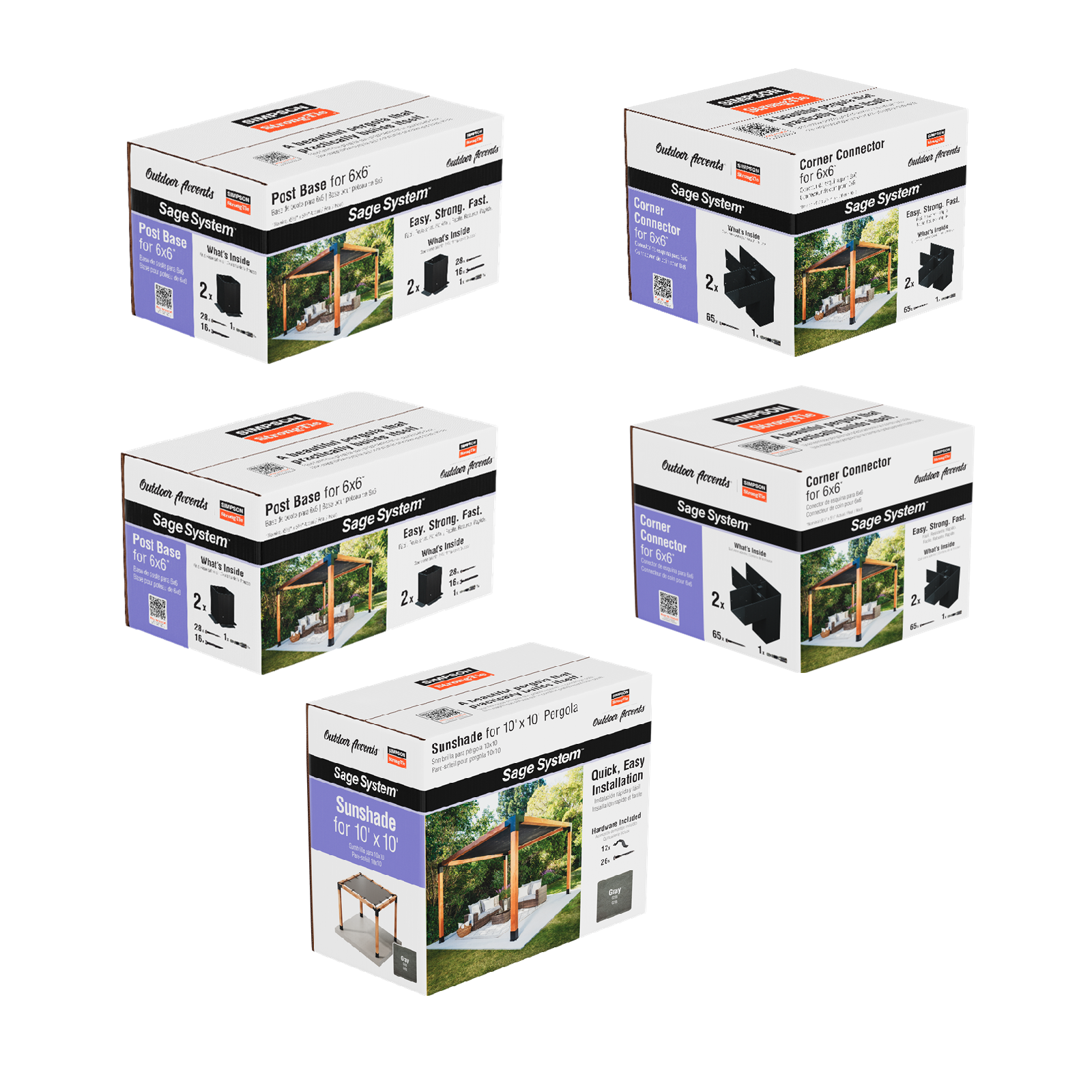 Five boxes of a Simpson DIY Sage Pergola Kit System on a white background