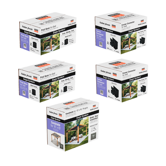 Five boxes of a Simpson DIY Sage Pergola Kit System on a white background